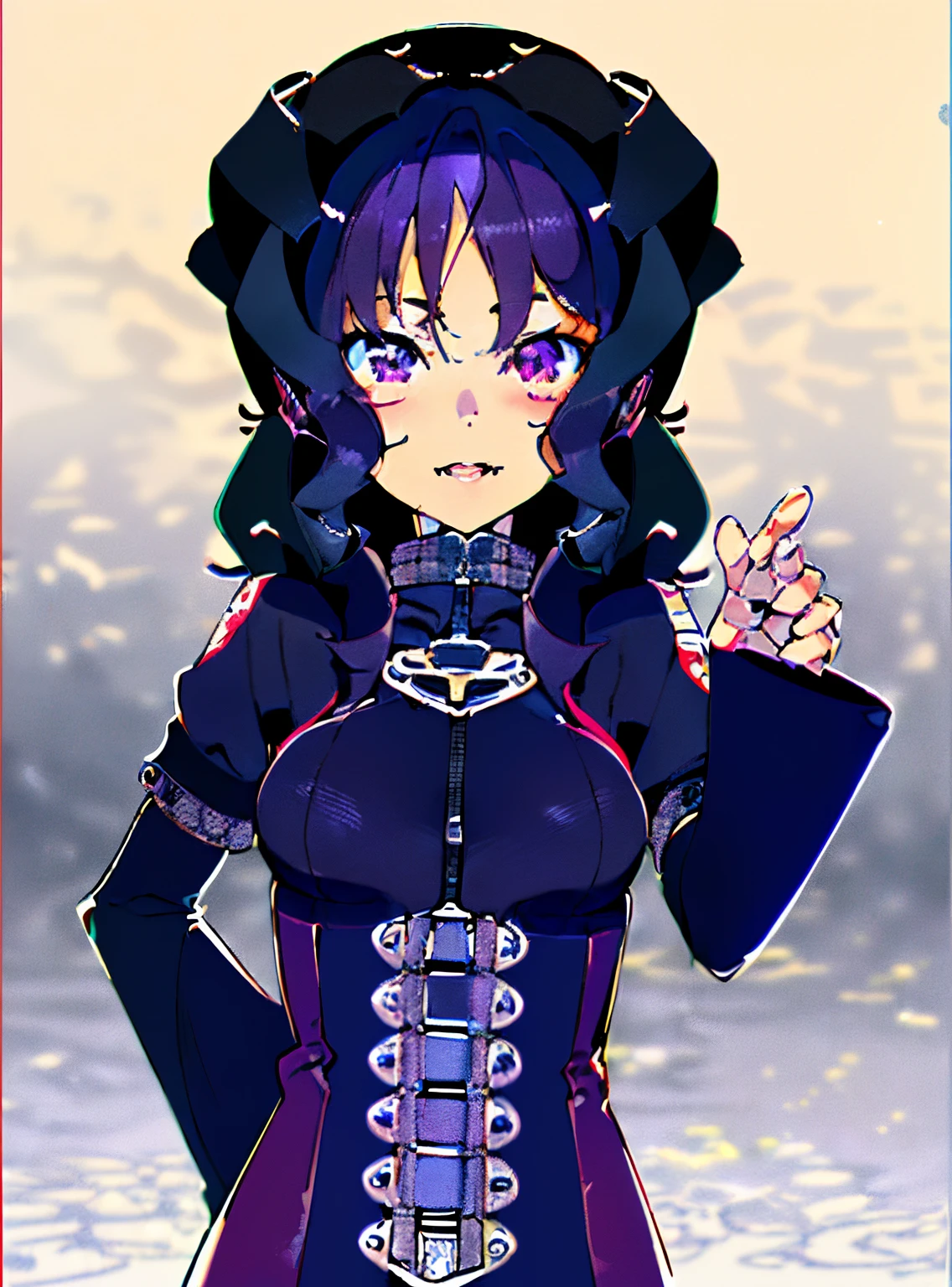 (best quality, 4k Illustration, highres, realistic:1.2), ultra-detailed, vivid colors, (anime:1.1, sensual, sexy), purple eyes, black hair, purple corset, ahegao face, ahegao expression