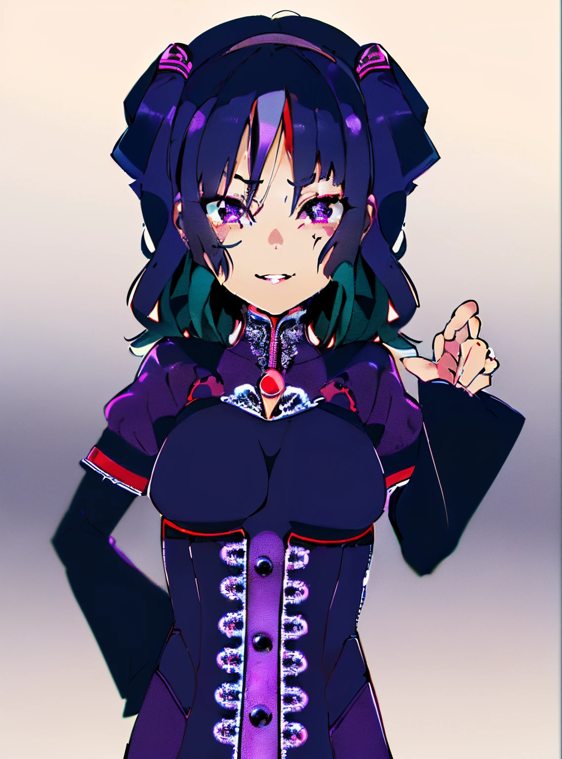 (best quality, 4k Illustration, highres, realistic:1.2), ultra-detailed, vivid colors, (anime:1.1, sensual, sexy), purple eyes, black hair, purple corset, ahegao face, ahegao expression