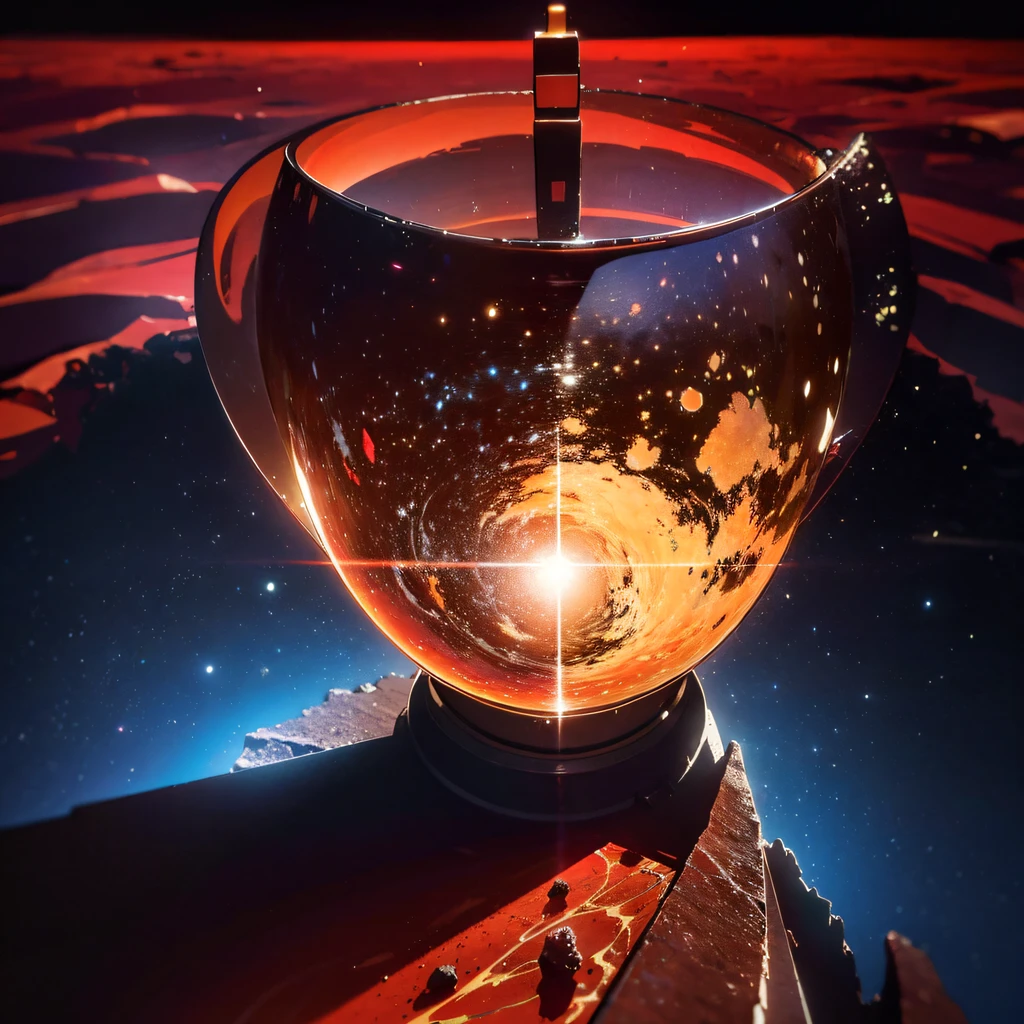 The Great Rift Valley region of the Martian Mo River alluvial plain，Rock Sugar Onyx nuclear-powered command gunboat Black Gold Cruiser Tower Snow Red Marble Glow Space Station 1:3 Models，starrysky，Cyberpunk art of a，Rembrandt light，Detail portrayal，macro shot，surface reflection，high definition detail，Dingdall effect，Light and shadow intensification，The light shines，particle fx，3D modeling，Surface reflected light，detail-rich，The texture is delicate，Strong visual impact，Hyper-detailing，A high resolution，high saturated，Ray traching，Light and shadow effects，16K smooth，A high resolution