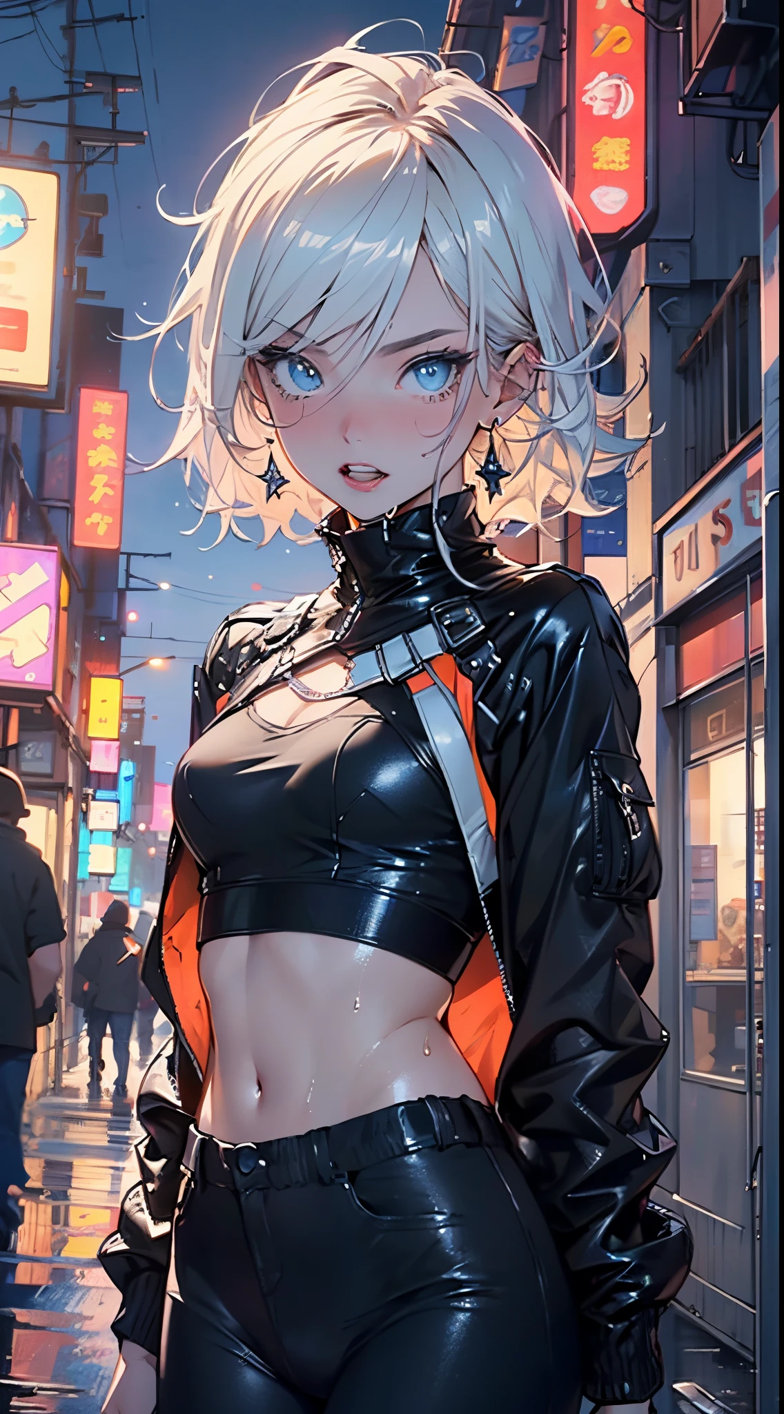 girl sporty,((attractive girl)),
(large breasts:1.4),saggy breasts,(((white hair:1.4,white ponytail hairstyle:1.5,very long hair:1.5))),((heterochromia:1.5, (orange_eye and pink_eye))),intricate eyes,beautiful detailed eyes,symmetrical eyes,((fat))(((lustrous skin:1.5,bright skin: 1.5,skin tanned,shiny skin,very shiny skin,shiny body,plastic glitter skin,exaggerated shiny skin,illuminated skin, wet legs))),(spider lower abdomen,narrow waist,wide hip,athletic body,inflated legs,detailed body,(detailed face)),
cute,slutty,seductive,erotic,(((nsfw))),
revealing clothing,show skin,with micro clothes,almost totally naked,with little clothing,(tiny thong),generous neckline,((tight sports bra, tight sports thong,((orange and black clothes)))),(((underboob))),((wet clothes,intricate outfit,intricate clothes)),
(dynamic pose:1.0),embarrassed,(centered,scale to fit dimensions,Rule of thirds),
cyberpunk city by the ocean at night, with bright neon signs and dark stormy clouds and puddles, scenery:1.25,
artistic photography,(photography taken by sldr),highres, sharp focus, (ultra detailed, extremely detailed), (photorealistic artwork:1.37),(extremely detailed CG unity 8k wallpaper),((synthwave background theme)),(((vibrant colors))),(intricate background),(masterpiece),(best quality),