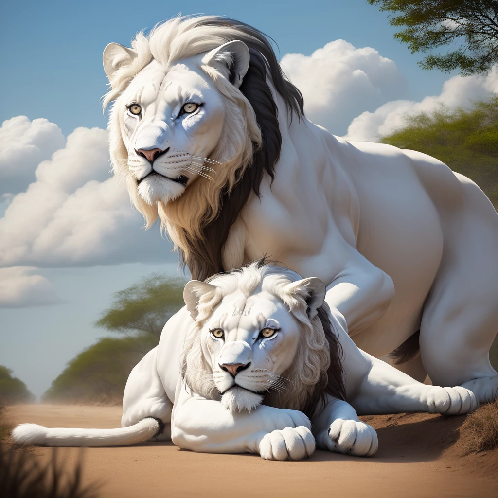 majestic white lion, sua imponente juba flutua suavemente enquanto ele caminha pelas areias douradas, conectando-se com as nuvens em movimento acima.