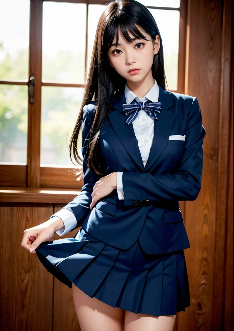 (masterpiece, highest quality:1.4), award-winning portraits, 8K, 85mm, alone, beautiful face, delicate girl, , (dark navy blazer jacket), dark navy skirt, long sleeve, violaces, gardenia, grace, Sophisticated, cute, teen, looking at the viewer, 15 years old, Raw photo, disorganized, HDR, sharp focus, A bow tie, background bokeh、(((flat 、thin and delicate body、A childish atmosphere)))、Her shiny semi-long hair is tied up、hair swaying in the wind、Mole on the left cheek、large, round, dark blue eyes、full body、random pose、Run、sprinting、Skirt fluttering in the wind、Junior idol、Nogizaka Idol、widening skirt、jump、mole under eye、sexy、