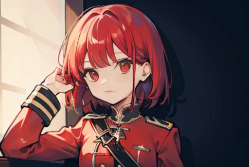 Short hair, Red hair, Flat chest, 1girll, Red eyes,s girl,hair pin,Solo, A high resolution,(Prussian military uniform)