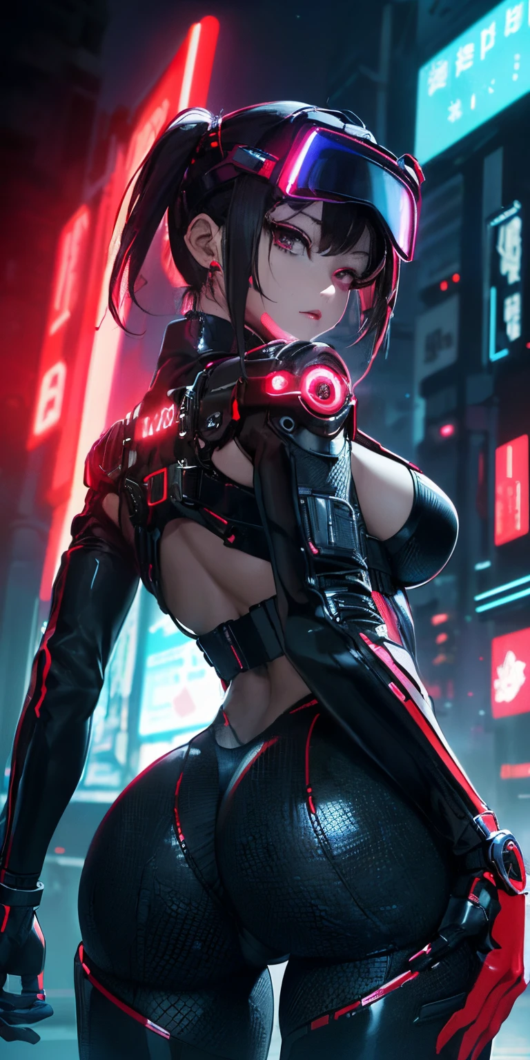 top-quality))、((masterpiece)、looks to the side、Emphasizes cleavage、cyberpunked、Big buttocks、Electronic visor attached to -yeld gis face with emphasis on buttocks、Cyberpunk Fashion、Versatile sexy poses、(Wearing red body spats on the lower body、Breasts enlarged、Neon lights in dark city at night