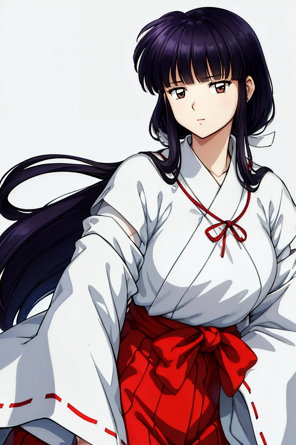 Simple white background,
White kimono,White Japanese Clothing,Wide sleeves,
Red Hakama,Red skirt,
Bangs, Blunt bangs, Brown eyes, Long hair,Black hair,
1 girl, 20yr old,infp young woman,Beautiful Finger,Beautiful long legs,Beautiful body,
Beautiful nose,Beautiful character design, Perfect eyes, Perfect face,Expressive eyes,Perfect balance,
Looking at Viewer,(Focus on her face),Closed mouth, (Innocent_Big_Eyes:1.0),(light_Smile:0.3),
Official art,the Extremely Detailed CG Unity 8K Wallpapers, Perfect Lighting,Colorful, Bright_front_Face_Lighting,White skin,
(masutepiece:1.0),(best_quality:1.0), 超A high resolution,4K,Ultra-detailed,
Photography, 8K, nffsw, hight resolution, absurderes:1.2, Kodak Portra 400, Film grain, Blurry background, Bokeh:1.2, Lens Flare, (Vibrant_Color:1.2),professional photograpy,
(Beautiful,Large_breasts:1.4), (Beautiful_Face:1.5),(narrow_waist),