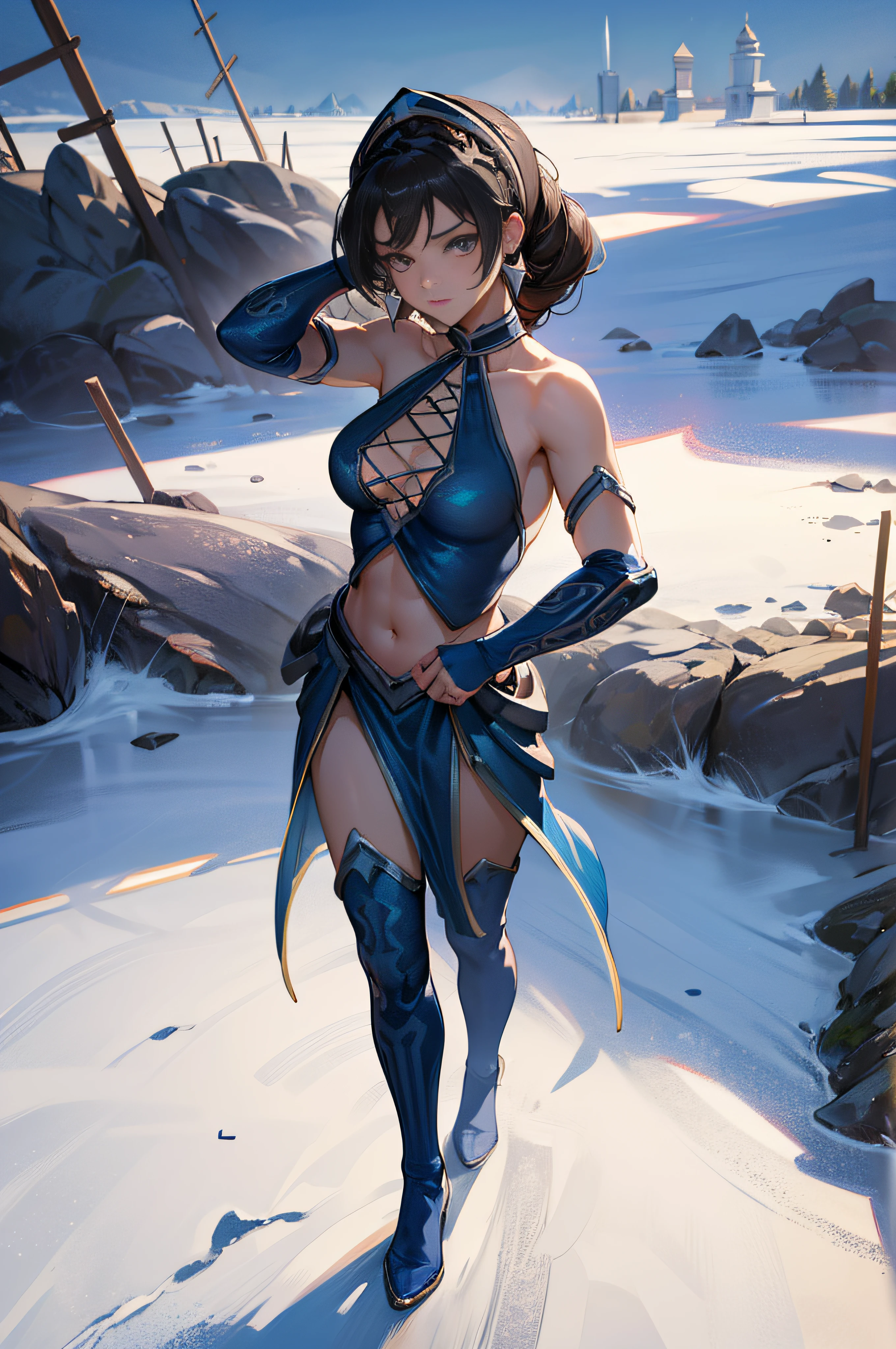 (masterpiece), best quality, expressive eyes, perfect face, highres, (8k), (perfect face), (ultra details), 1 girl, solo, kitana, braid, thighhighs, hair ornament, eyeshadow, breasts, no mask, armor, shoulder armor, elbow gloves, standing, sacred temple background, portrait, looking at the viewer