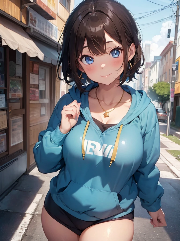Masterpiece, 1girl, chubby milf with brown hair and deep shiny blue eyes that are attractive, wearing a hoodie and sweatpants that show her thick thighs, medium sized boobs, 4K quality, ultra detailed, cute face, gentle smile, blush, Short Hair mixups, earrings, gold necklaces