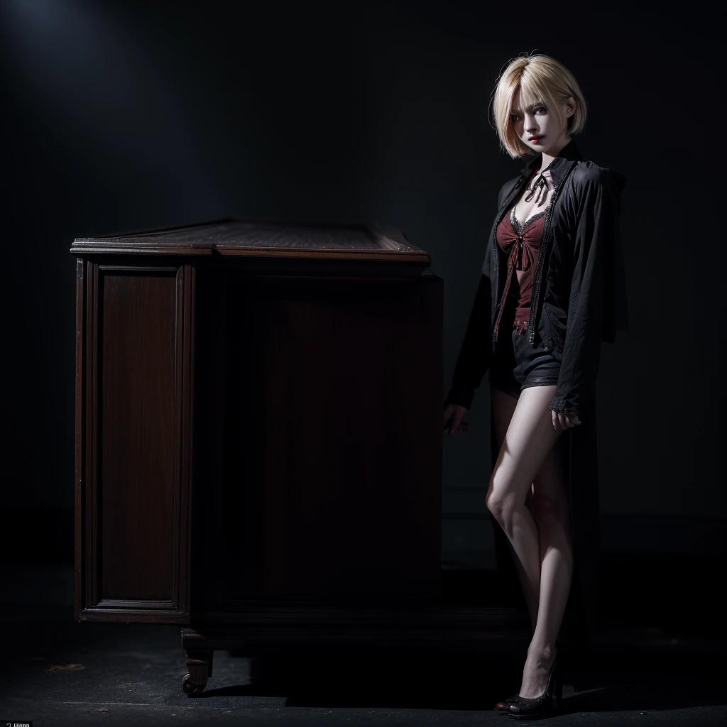 Blonde short-haired female vampire, Old style casual wear, Standing in a coffin,The ultimate face，Full body like，Perfect face shape，Cool and cool，年轻，The face is super delicate，close angle,Bare vampire fangs，mysterious smile, Red pupils，Interesting lighting, tmasterpiece, dark fantacy, blood and horror，bloods