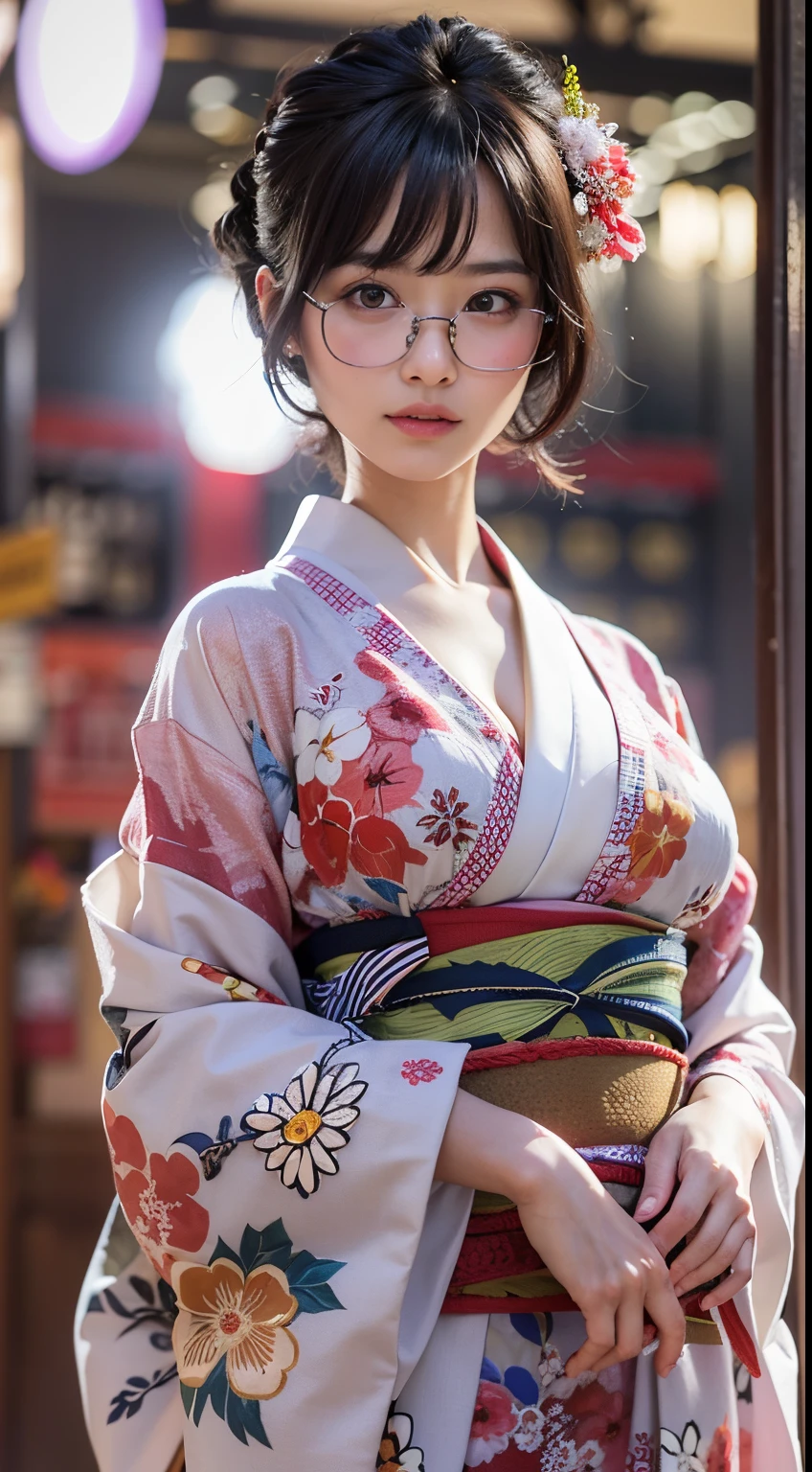 Best-quality, Masterpiece, Ultra-High-Resolution, (Photorealistic:1.4), Raw-Photo, Extremely-Details, Perfect-Anatomy, 1girl, the most popular Japanese model, wearing Japanese KIMONO and glasses with cute design, face focus, extremely beautiful face like a most famous Japanese model, amazingly beautiful big black solid circle eyes, very beautiful realistic skins, very beautiful black-short-cut-haired, very beautiful big breasts, very beautiful cleavage, detailed Japanese KIMONO, detailed glasses with cute design, detailed beautiful face, detailed eyes, detailed realistic skins, detailed black-short-cut-haired, detailed big breasts, detailed cleavage
