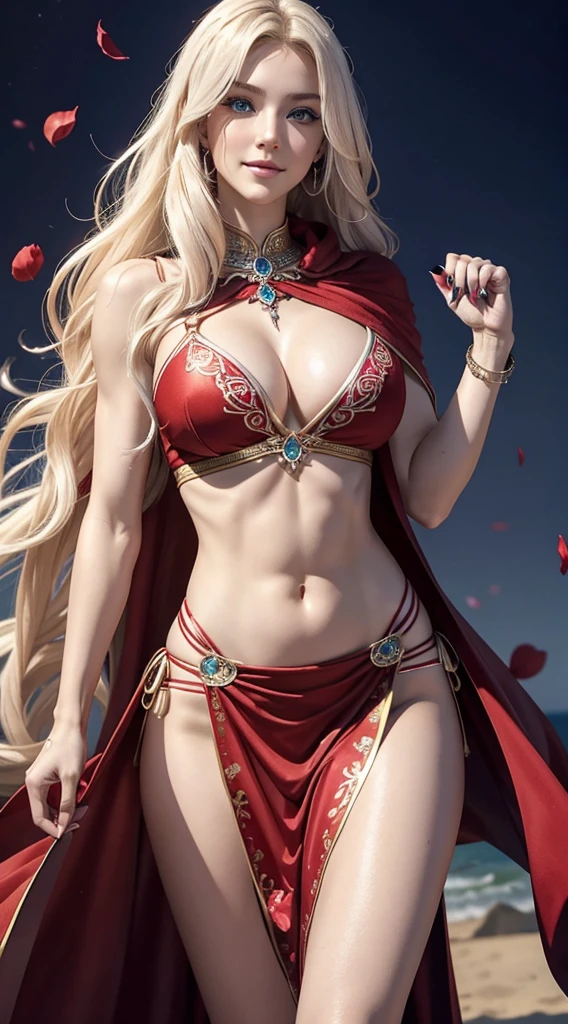 A 23-year-old white woman with unparalleled beauty.、blue eyess、platinum-blonde、White skin、hair is wavy、Longhaire、The ends of the hair are curled upwards、a smile、Wearing a sexy red belly dance dress、dancing belly dance、Detailed art nouveau background、The navel is out、My abs are cracked、Slender yet well-proportioned muscular body、Photorealistic images、8K picture quality、I&#39;m punching my chest、I don&#39;t want my head to disappear from the screen.、Wearing accessories on your wrist、wearing red nail polish、uses a bright red cloak、A lot of flower petals are dancing around me、The area of the loin cloth is smaller、wearing a circlet