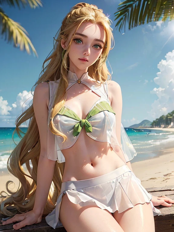 (((toppless))), (((spread))), (((large full breasts))), extremely detailed CG unified 8k wallpaper, very fine 8KCG wallpaper, (masterpiece, Best Quality), High resolution, Ultra-detailed, ultra-sharp, Cinematic lighting, 1 girl, full ,Naked, sitting on beach, (((White sheer blouse, Microblouse, Sleeveless))), (((Transparent blouse), (((Navel ))), (((White sheer micro mini skirt))), (Beautiful face, Cute face, Detailed face), ((( Golden hair, Semi-long hair, hair, Hair pulled back, Wavy Hair, ))), (((Detailed beautiful green eyes))), BREAK, (((Sunny))),