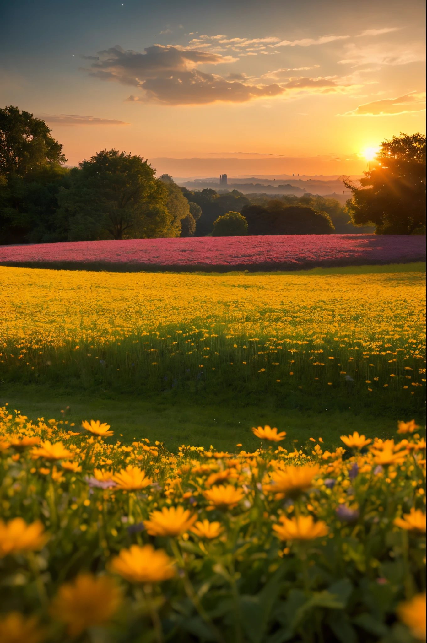 (best quality,4k,8k,highres,masterpiece:1.2),ultra-detailed,(realistic,photorealistic,photo-realistic:1.37),close-up of a flower field with sunset in the background,fantasy flower field,flower meadow,inspired by Phil Koch,flower meadow,flower sunset,among the flower meadow,flower meadow,stunning sunrise over the meadow,beautiful background,spring sunrise,spring morning,a breathtaking photograph,early morning in spring,beautiful nature　　the sky is dark　I can even see the starry sky　I can see the city of the future in the distance　　naked girl looking at it