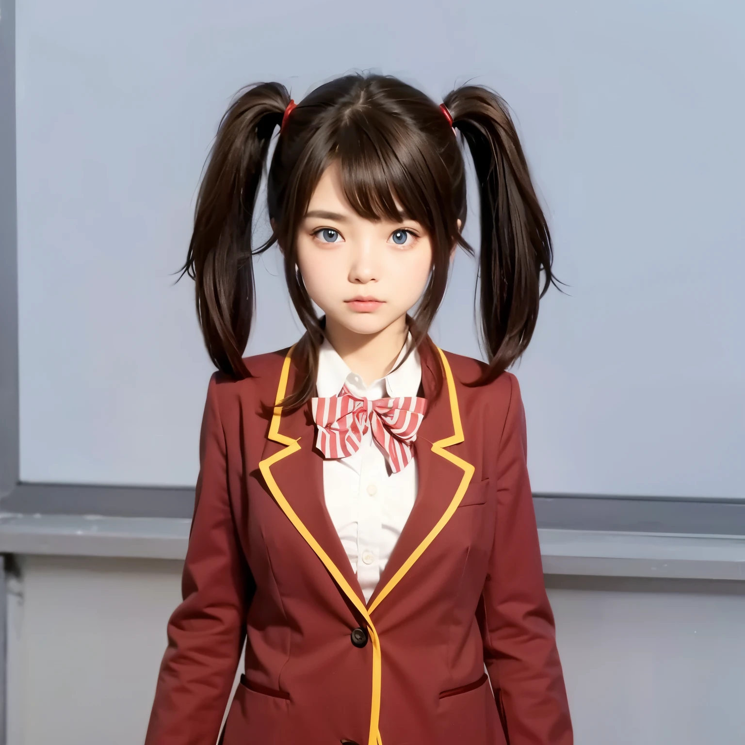 girl, brown hair color, blue eye color, red school uniform