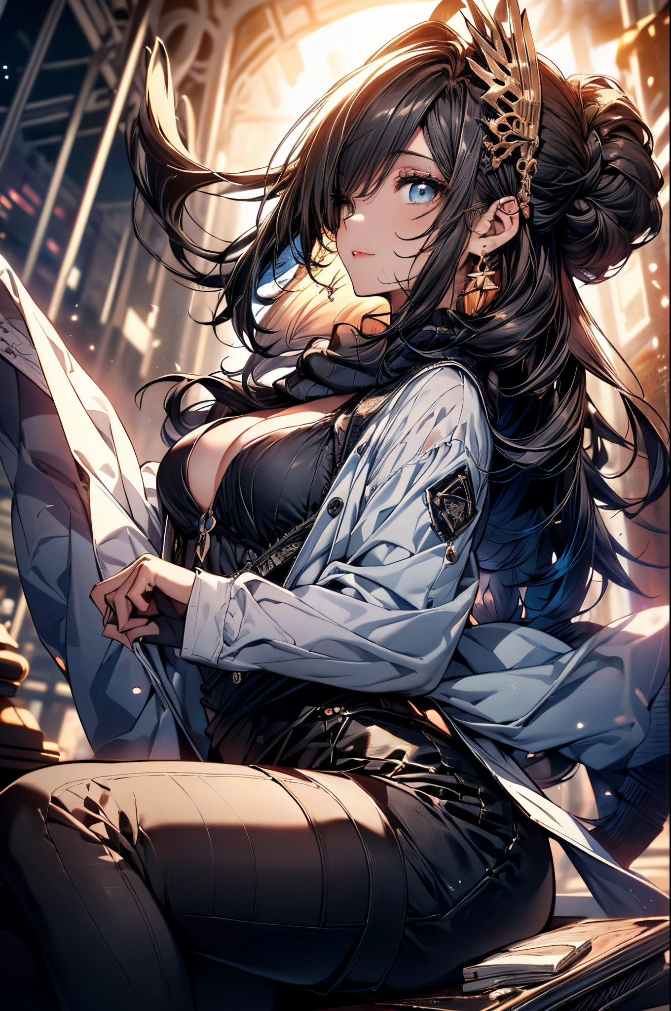 (image board:1.3), a matured woman with long black hair and a white outfit, (at a rock place in a desert:1.2), (sitting on illuminated magic circle drawing on the ground:1.2, under starly sky:1.3, sitting Indian-styles:1.3, Yoga posing:1.1, with opening legs and rising knee:1.3, with cross-legged:1.5, rift and open your arms:1.3, in front of Arabic ancient ruins:1.3), (holding opened Bible:1.2), Arabic, (Post apocalyptic:0.2), from arknights, artwork in the style of guweiz, bodyesbian, fine details. girls frontline, beautiful anime illustration, from girls frontline, by Yang J, stunning, 28 years old, (milf:1.3), (solo:1.5), (sfw:1.25), (sagging breast, fuge breasts, big tits, thin waist, big ass:1.2), Raised sexy, (dark mahogany medium short hair, updo, hair over one eye, asymmetric hair, Carly hair, low tied braids),(musulman, white Headscarfs, hair bands, head vandage, Turban), (ultra high resolution, 8K RAW photo, photo realistics, thin outline:1.3, clear focus), best qualtiy, cinematic lighting, textile shading, blurry back ground, field depth, bokeh, (Bright pupils, fine detailed beautiful eyes with highlight:1.3, high detailed face), Red lip, fine realistic skins:1.1, looking at viewers:1.3, (dynamic angle:1.3, front view:1.1, tight focus:1.3, from below:1.2), (dynamic posing:1.5, sexy posing:1.2, leaning forward), ((open your mouth:1.3)), (seductive smiling:1.2), centered image, (wearing white long jacket and clothes, wearing white robes:1.3, ((bare breast:1.37)), platinum ornaments, rolling white clothes around waist, dark brown long leather boots:1.3, translucent lace pantyhose), (((correct anatomy:1.5, perfect anatomy:1.37))), ((outdoor:1.2, in a night:1.3)),