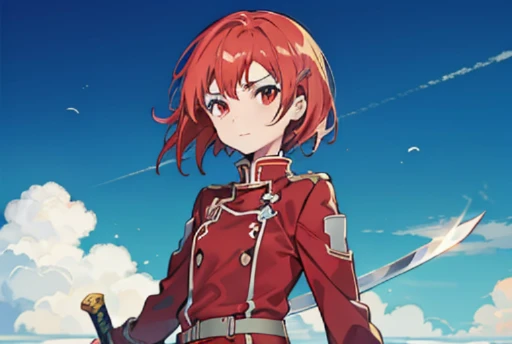 Short hair, Red hair, Flat chest, 1girll, Red eyes, s girl, hair pin, Solo, Tsundere, A high resolution, (Red Swordman uniform from Sword Art Online)