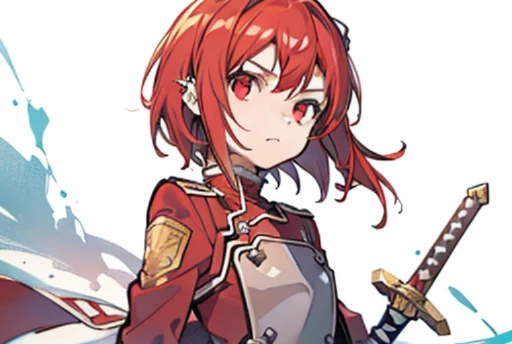 Short hair, Red hair, Flat chest, 1girll, Red eyes, teens girl, hair pin, Solo, Tsundere, A high resolution, (Red Swordman uniform from Sword Art Online)