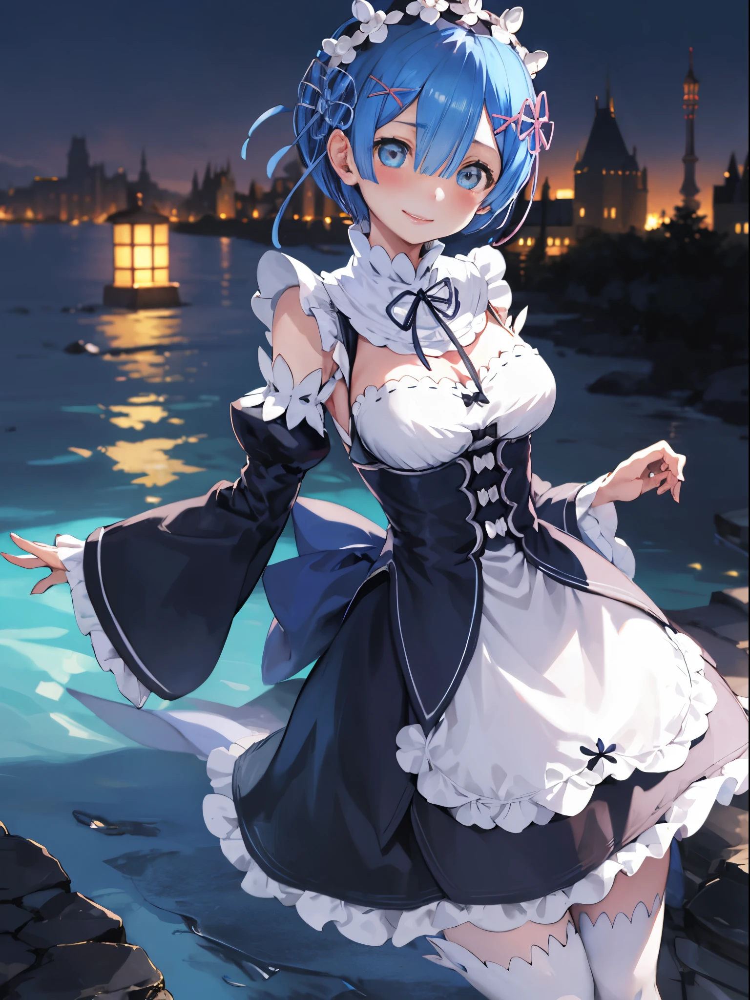 blue hair, rem \(re:zero\), [smile], blush, castle,, masterpiece, best quality, perfect lighting, 1girl, skirt, medium breasts,