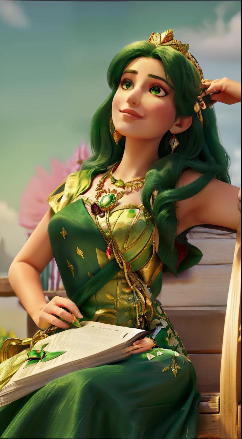 arafed woman in a green dress sitting on a bench with a magazine, wearing elaborate green and gold, wearing a crown and green cape, posing as a queen, she wears a dark green dress, dressed as a queen, by Emma Andijewska, big crown adorned with emerald, emerald tiara and necklace, with a gold crown, wearing an evening gown