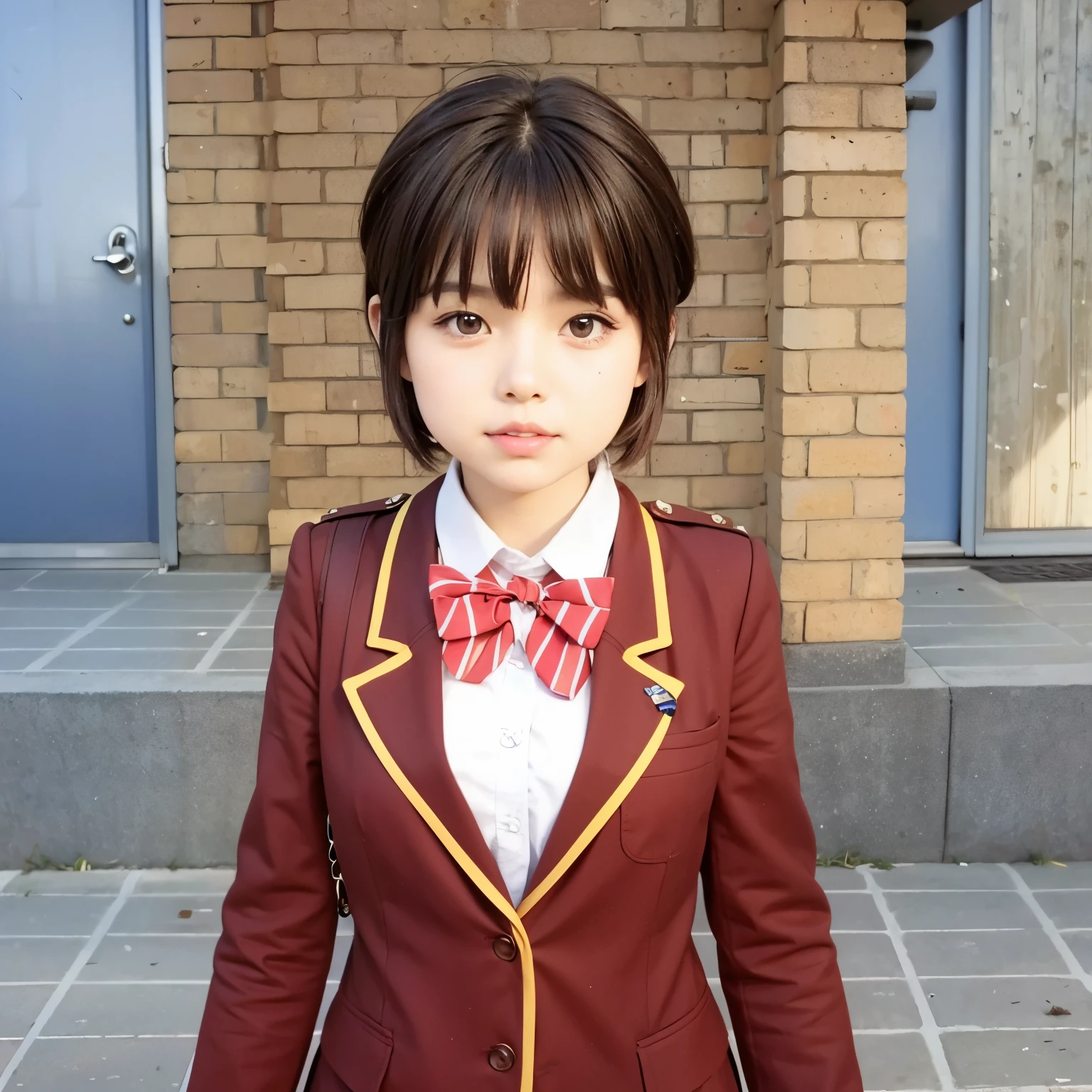 girl, short brown hair, red school uniform, with eyeliner