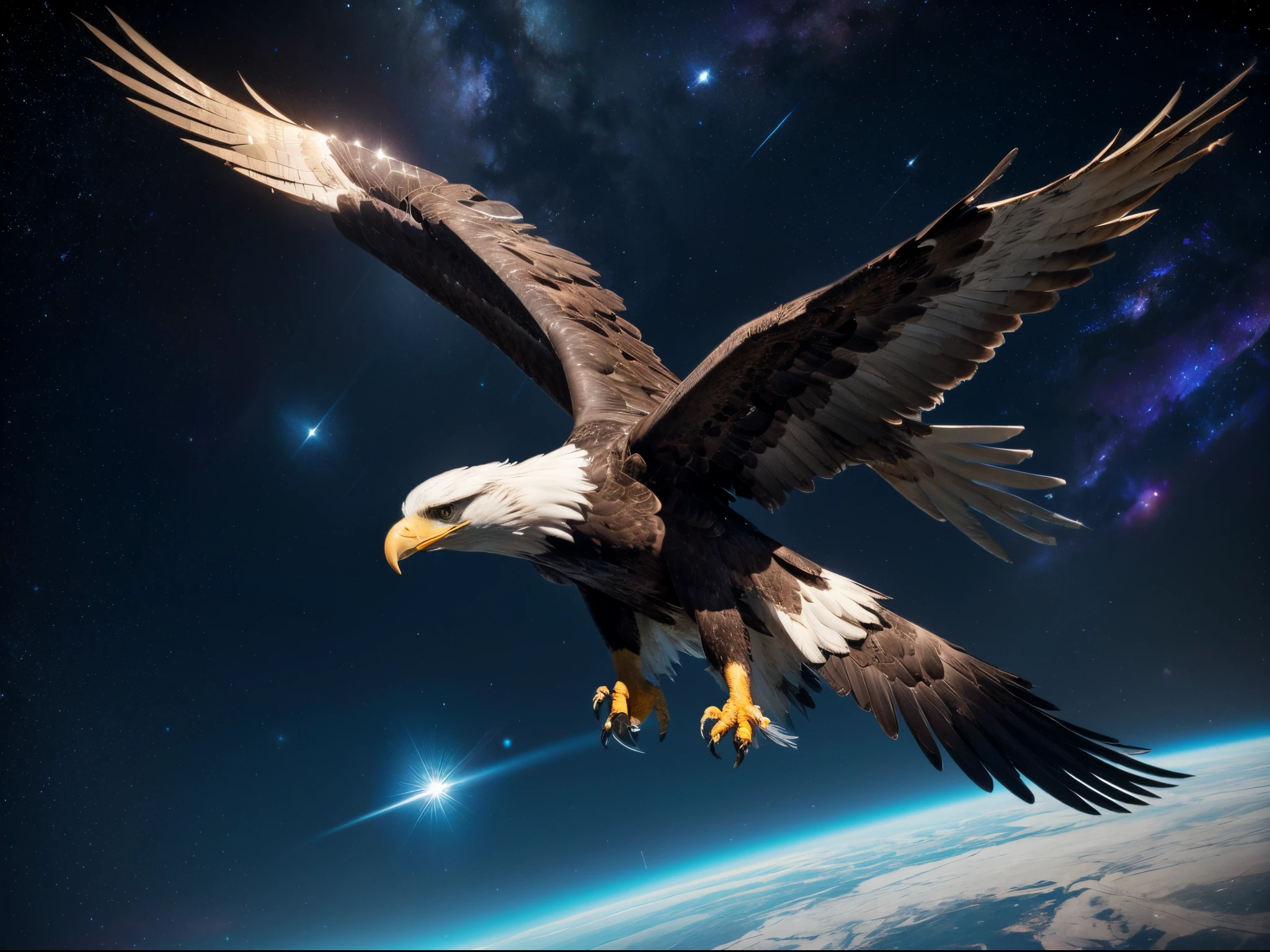 In the distant future, an intergalactic space explorer encounters a cybernetic eagle with wings that trail streams of stardust. The eagle soars above an alien landscape, its metallic feathers reflecting the light of distant galaxies.