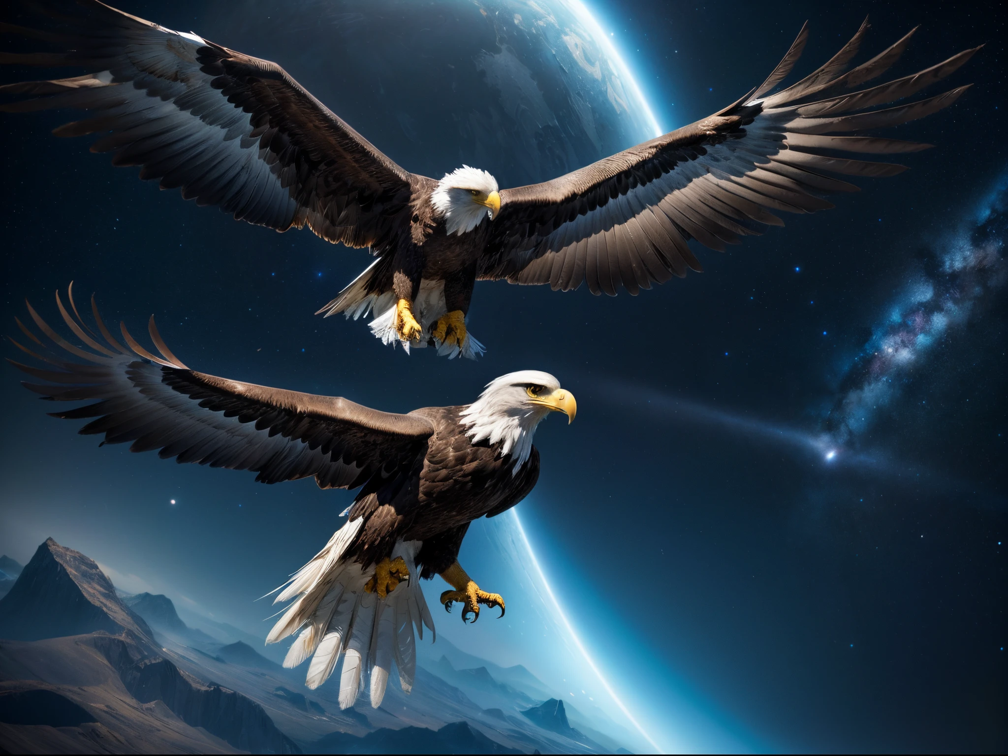 In the distant future, an intergalactic space explorer encounters a cybernetic eagle with wings that trail streams of stardust. The eagle soars above an alien landscape, its metallic feathers reflecting the light of distant galaxies.