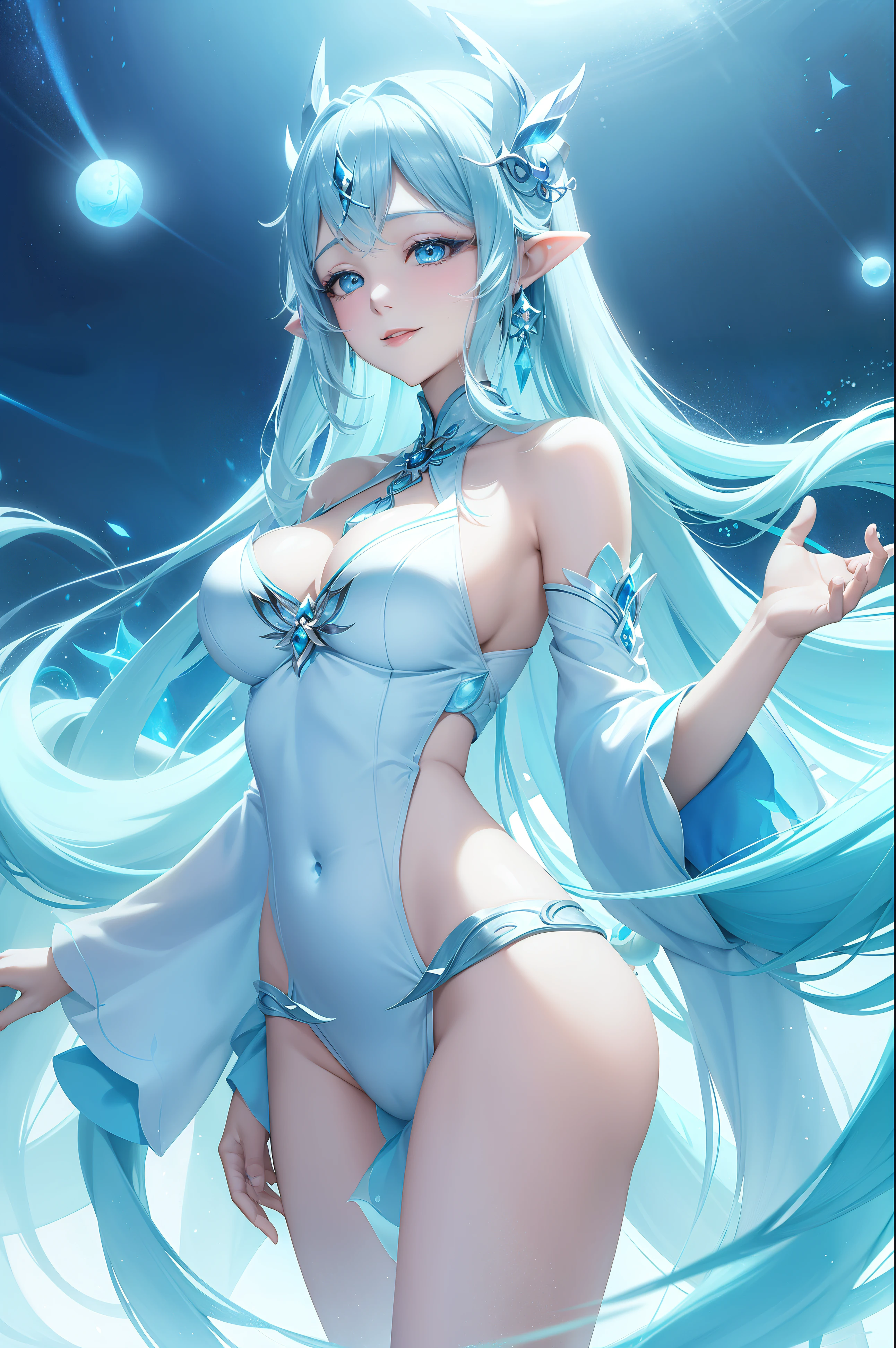 hposing Gravure Idol a beauty girl A smile sky blue hair length hair Bright white and blue outfit Mystical fantasy
Spirit of Polar Light
World of ice and snow
The power of light and magic
Guardian of nature
Symbol of good luck or blessing
Butoh and music
Fantastic existence
Polar Fairy
Arctic and Antarctic
Beauty and mystique