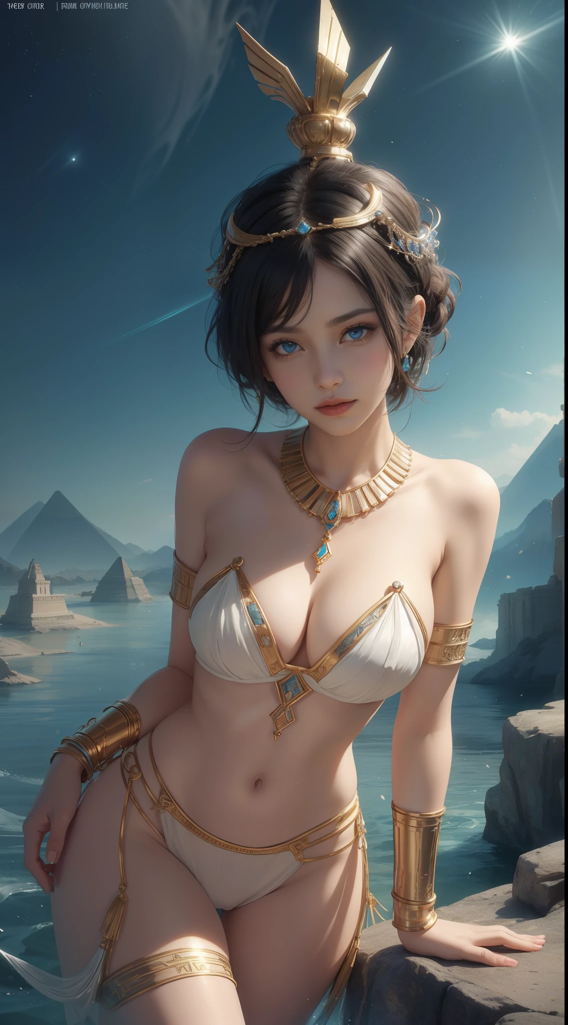 tmasterpiece，Highest image quality，Beautiful bust of noble ancient egyptian girl，Delicate black hairstyle，Short hair tied up，clear sea blue eyes，Ancient Egyptian white clothes were simple and elegant，Complex and varied jewelry，Ancient Egyptian civilization，pyramid，A desert，ultra - detailed，advanced。At the Pixiv Art Station，Break your own power，Luigi，Big breasts exposing cleavage，R-18G