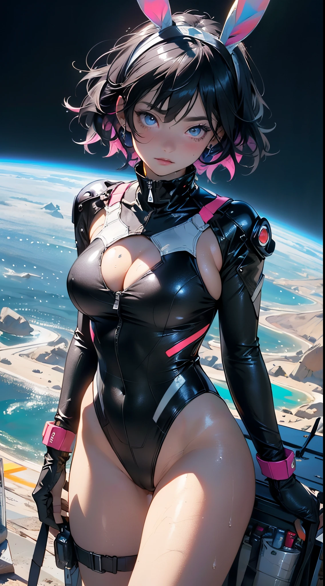 cute bunny girl,(((1girl))),((bunny girl with extremely cute and beautiful black hair)),(((bunny girl,anthro furry cute,bunny-girl,bunny ears,bunny ears on head,big bunny ears))),
(large breasts:1.4),saggy breasts,(((black hair:1.35,colored inner hair,ear breathing,short hair))),((heterochromia:1.5, (pink_eye and blue_eye))),intricate eyes,beautiful detailed eyes,symmetrical eyes,((fat)),(((lustrous skin:1.5,bright skin: 1.5,skin tanned,shiny skin,very shiny skin,shiny body,plastic glitter skin,exaggerated shiny skin,illuminated skin,wet legs))),(spider lower abdomen,narrow waist,wide hip,athletic body,inflated legs,detailed body,(detailed face)),
cute,slutty,seductive,erotic,(((nsfw))),
zettai ryouiki,((slingshot swimsuit black,wearing a slingshot swimsuit outfit:1.3,swimsuit type spacesuit,black armor swimsuit:1.3)),(((huge cleavage))),((wet clothes,intricate outfit,intricate clothes)),
(dynamic pose:1.0),solo focus,embarrassed,(centered,scale to fit dimensions,Rule of thirds),
cyberpunk city by the ocean at night, with bright neon signs and dark stormy clouds and puddles, scenery:1.25,nighttime, starry night, cosmos,Very dark night that makes the neon lights stand out, very bright neon lights,nighttime, starry night, cosmos,
highres, sharp focus, (ultra detailed, extremely detailed), (photorealistic artwork:1.37),(extremely detailed CG unity 8k wallpaper),((synthwave background theme)),(((vibrant colors))),(intricate background),(masterpiece),(best quality),