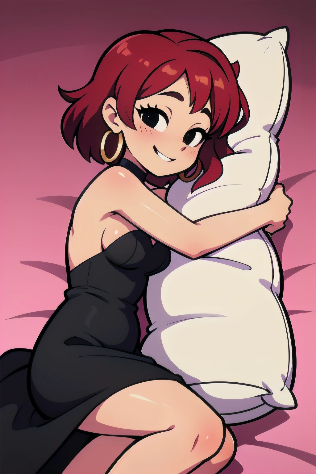 FrankieFoster, FostersStyle, 1 girl, age, short red hair, medium hair, bob hair, black eyes, smile, little black dress, strapless dress, skin-tight dress, choker, gold hoop earrings, laying down on the bed, hugging a big body pillow, being sexy, pretending to have sex