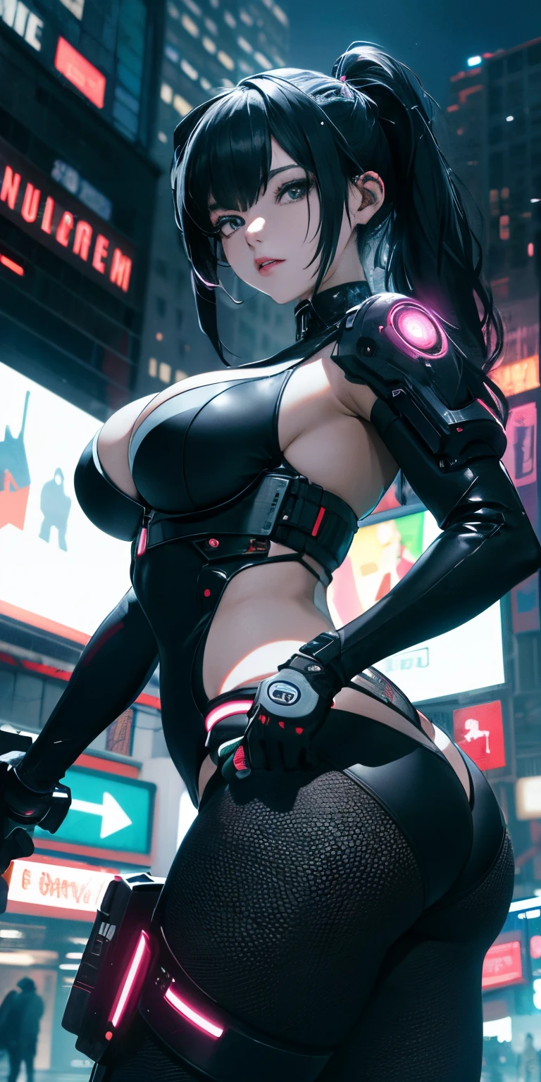 top-quality))、((masterpiece)、looks to the side、Breasts enlarged、Emphasizes cleavage、cyberpunked、Big buttocks、Electronic visor attached to 's face with emphasis on buttocks、Cyberpunk Fashion、Versatile sexy poses、(Wearing gray body spats on the lower body、Breasts enlarged、Neon lights in dark city at night