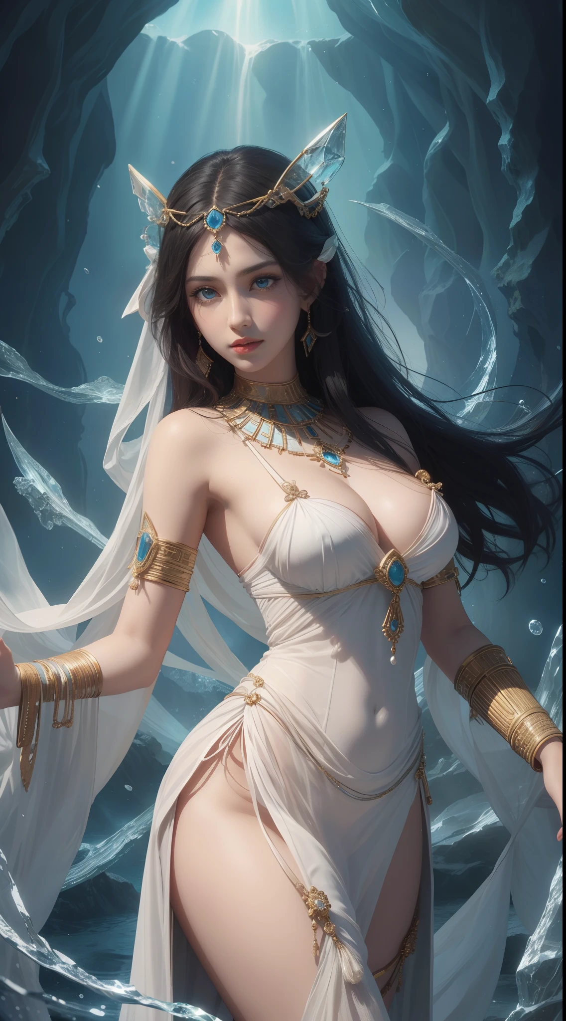 tmasterpiece,Highest image quality,Beautiful bust of noble ancient egyptian girl,Delicate black hairstyle,Short hair tied up,clear sea blue eyes,Ancient Egyptian white clothes were simple and elegant,Complex and varied jewelry,Ancient Egyptian civilization,pyramid,A desert,ultra - detailed,advanced。At the Pixiv Art Station,Break your own power,Luigi,Big breasts exposing cleavage,R-18G
