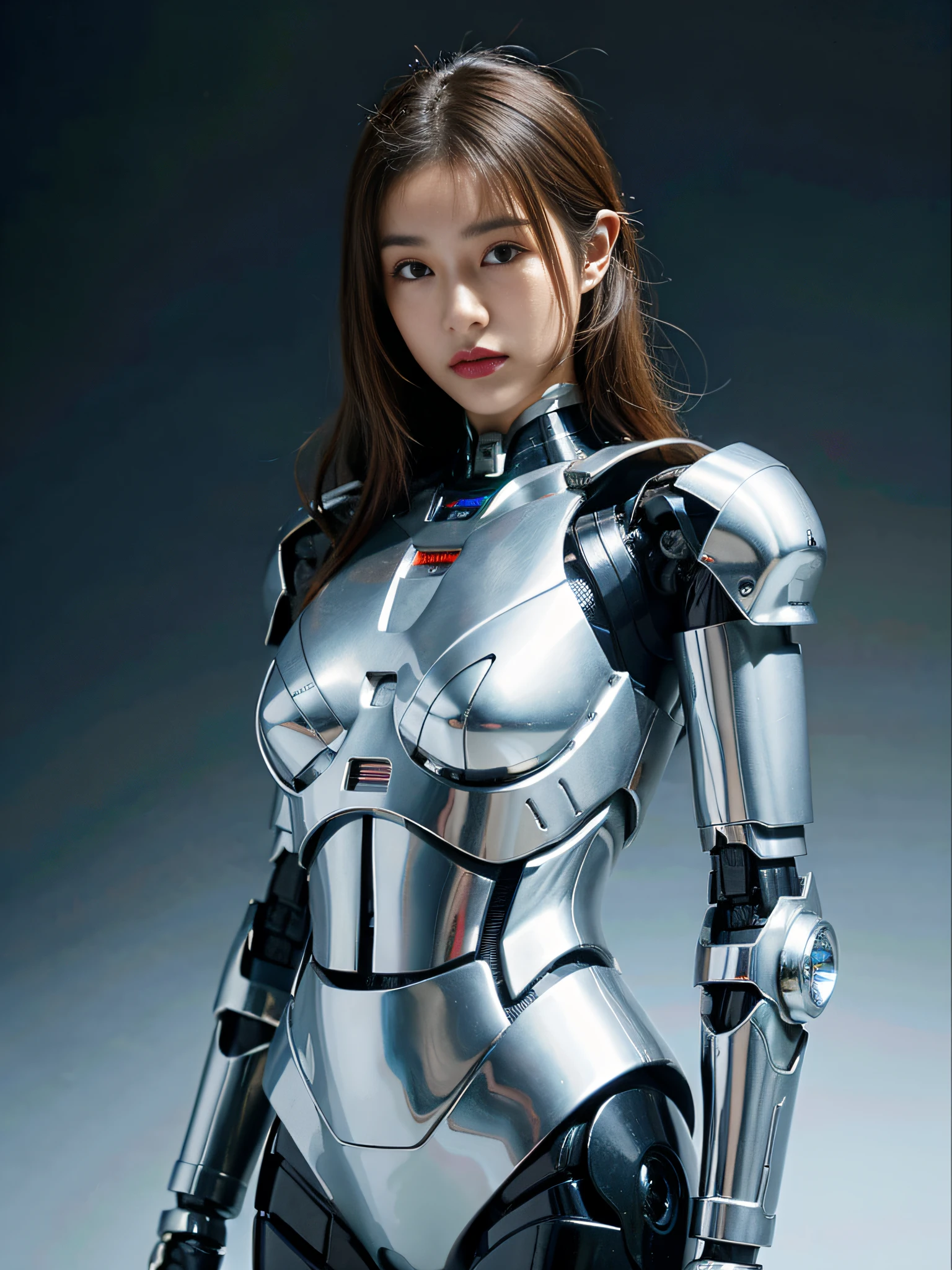 Best quality, delicate face, 20-year-old kpop idol girl, silver cyborg body, (small breasts:1.07), metal structural skeleton, mechanical joint, bangs, seaside, standing posture, beach, (puffyareolas), (camel toe, cameltoe, vulvashaped:1.2), cyberpunk, sci-fi,