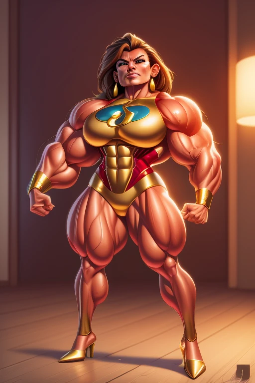 mexican muscle woman flexing muscles wearing gold superhero outfit, muscle woman, big muscles, huge muscles, massive muscles, mature woman