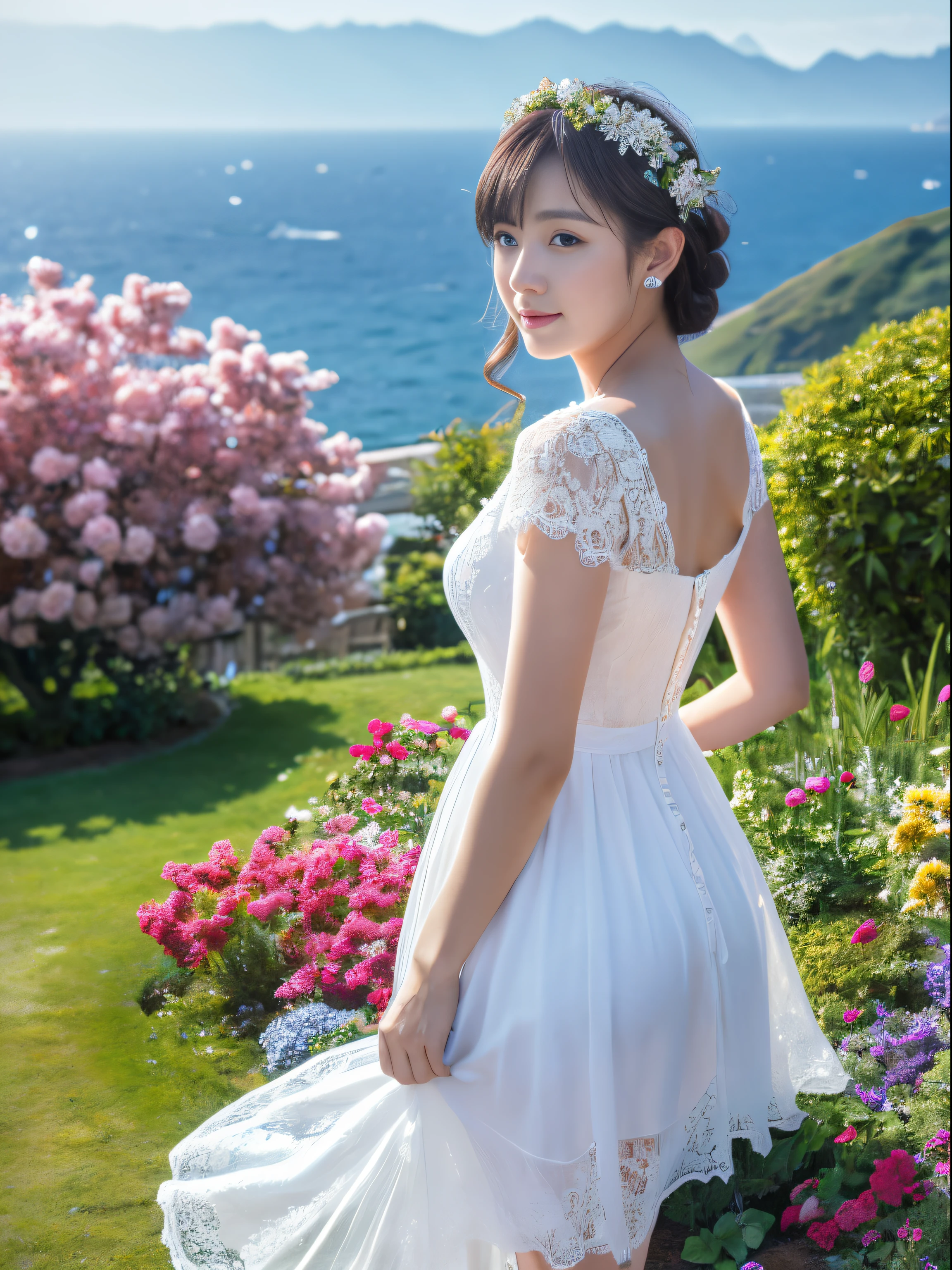 Best Quality, masutepiece, High resolution, 1girl in, White lace dress,fullbody image,Satin Dresses, Hair Accessories, Jewelry, Pretty Face, On Body, Tindall Effect, Realistic, A flower garden on a hill overlooking the sea,dual-tone lighting, (High Detail Skins: 1.2), 8K UHD, Digital SLR, Gentle light in the blue sky, High quality, Volume Light, Sneak Shots, Photo, High resolution, 4K, 8K, the sea looks beautiful、