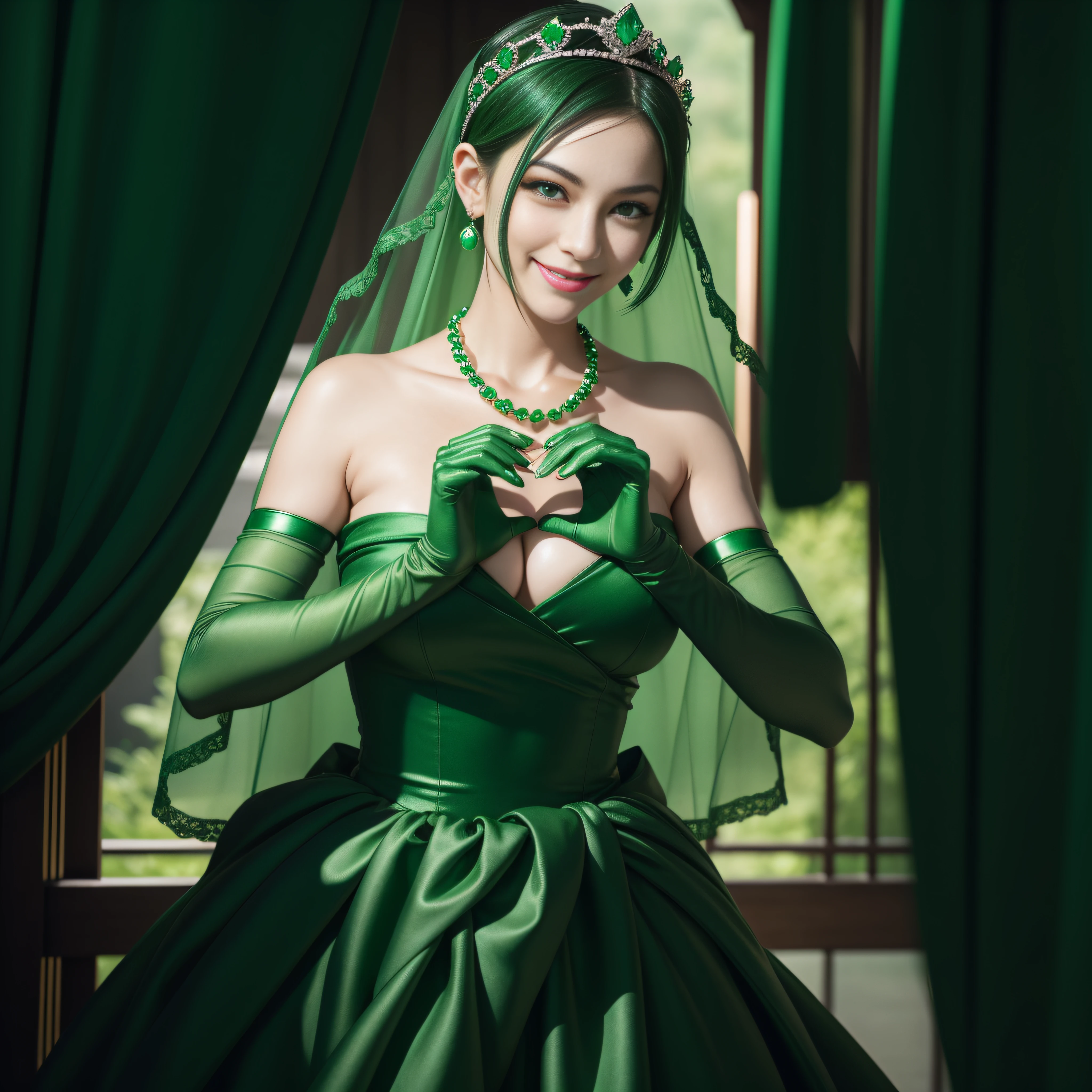 emerald tiara, Green Pearl Necklace, Boyish very short green hair, lipsticks, Japan woman smiling, very short short hair, big breasts beautiful, Green eyes, Long green gloves made of satin material, Green eyes, Emerald Earrings, green vale, Heart with both hands