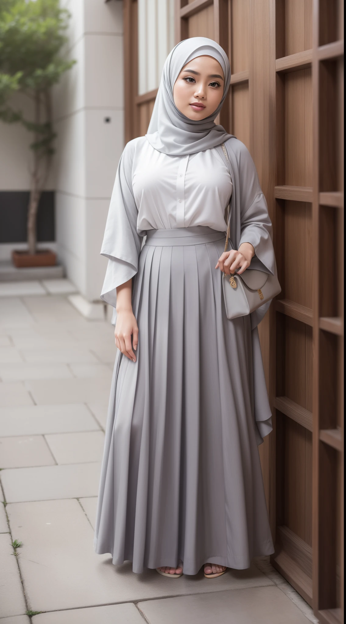 RAW, Best quality, high resolution, masterpiece: 1.3), beautiful Malay woman in hijab (iu:0.8),Best quality, high resolution, masterpiece: 1.3), beautiful Malay woman in hijab, big breasts, woman in white shirt and gray skirt, long skirt, white shirt and gray skirt, pleated skirt, white and gray plizket, transparent gray skirt, wearing a fluent long skirt, full body image, gray skirt gray, wearing long flowing cloth, layered clothes, wearing floral chiton, hakama kimono, greyish, simple!