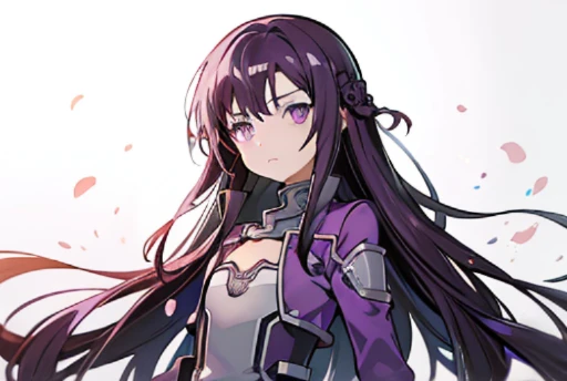 Long hair, Purple dark hair, Flat chest, 1girll, Purple eyes, s girl, hair pin, Solo, Tsundere, A high resolution, (Purple dark Swordman uniform from Sword Art Online)