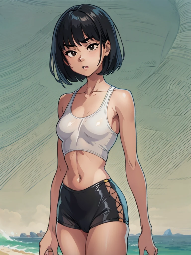 best quality, masterpiece, illustration:1.1), [[[1girl]]], asian age girl, flatchest, black eyes, short black hair, wispy bangs, [[[black swimsuit!!!]]], beautiful, highly detailed, 4k, perfect proportions, perfect body, rich quality, hd, ultrahd, [[[thin]]], [[[no muscles]]], (((thin!)))