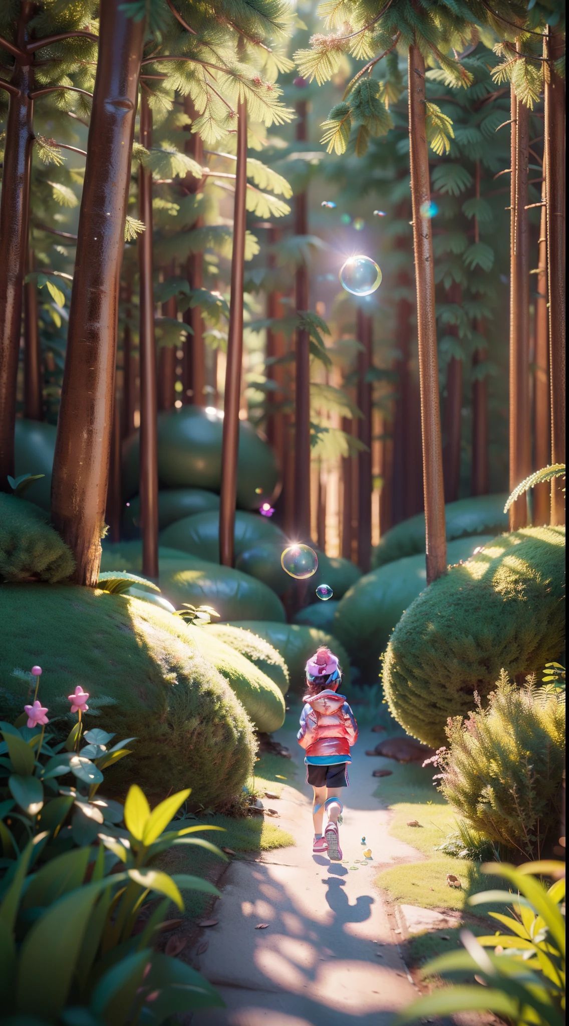 One ，at a forest，Go on an expedition，jogging，Soft lighting，looking at me with her back，3d art，c4d，octane render,ray tracing，Bubble Mart style，Clay texture，pixar-style，12k，Rich in detail，--ar 2:3