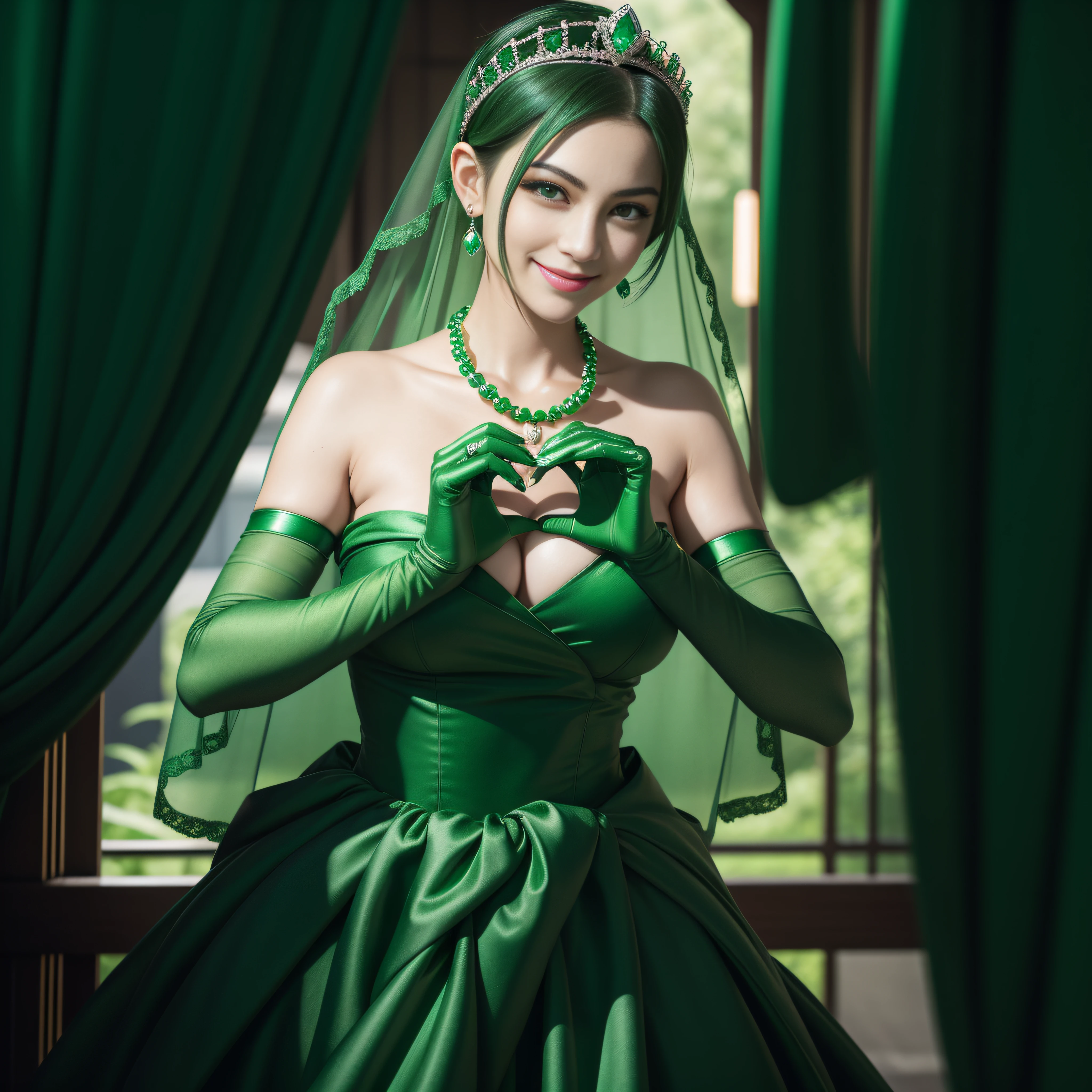 emerald tiara, Green Pearl Necklace, Boyish very short green hair, lipsticks, Japan woman smiling, very short short hair,  big breasts beautiful, Green eyes, Long green gloves made of satin material, Green eyes, Emerald Earrings, green vale, Heart with both hands