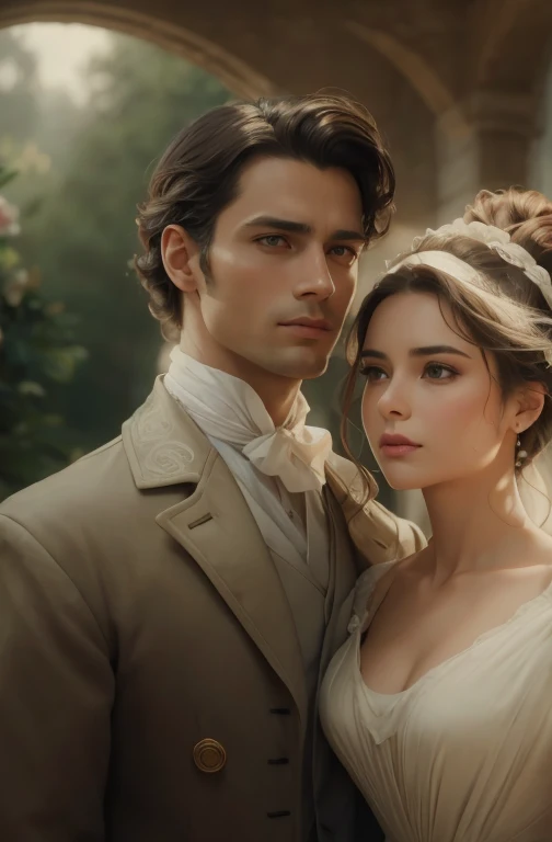 Obra maestra, La mejor calidad, .RAW, analog style, A stunning portrait of a couple deeply in love in the gardens of a large English country mansion in the year 1850. El hombre es alto, fuerte, and handsome tan with messy wavy brown hair, brown eyes, and is around 30 years old. The woman is delicate with straight black hair combed in a bun, ojos verde oscuro, y labios carnosos, about 19 years old, Scarlett Ohara rasgos faciales perfectamente detallados. Man is kissing lady on the forehead in a sunny garden. Create a realistic masterpiece illustration with intricate details that capture your love and tenderness. Wear clothing appropriate for the time period, and make sure the artwork is highly detailed. Por favor, Pay close attention to detail, como las luces y sombras en la cara y el cabello, para crear una imagen realista y realista. Experiment with different lighting techniques to improve the mood and atmosphere of the portrait. El producto final debe ser una obra maestra que capture la esencia y la belleza de la pareja, ((Piel altamente detallada, Detalles de la piel)), foco nítido, volumetric mist, 8k UHD, DSLR, alta calidad, Film grain, Fujifilm XT3
INFO
