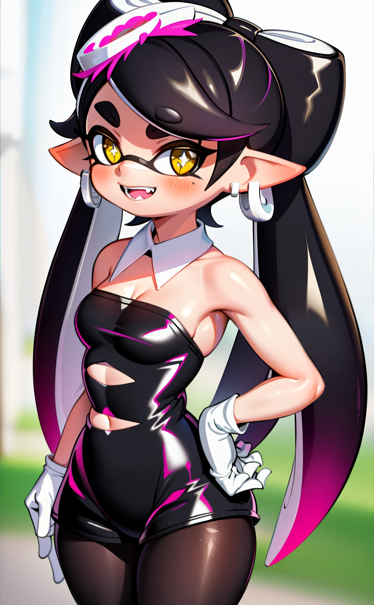 [callie], [splatoon], ((masterpiece)), ((HD)), ((beautiful render art)), ((solo portrait)), ((waist up)), ((front view)), ((cinematic lighting)), ((anime)), ((detailed shading)), ((intricate details)), {(slim figure), (cute orange eyes), long eyelashes, (pink-black tentacle hair), (twintails), (small boobs), (gorgeous wide hips), (thick thighs), (beautiful legs), (blushing), (excited smile)}, {(black sleeveless strapless top), (cleavage), (black puffy shorts), (opaque pink pantyhose), (white gloves)}, {(standing), (looking at viewer)}, [Background; (city), (town square), (blue sky), (sun rays), (ambient lighting)]