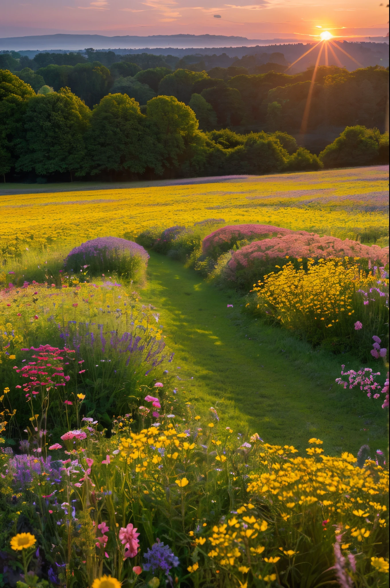 (best quality,4k,8k,highres,masterpiece:1.2),ultra-detailed,(realistic,photorealistic,photo-realistic:1.37),close-up of a flower field with sunset in the background,fantasy flower field,flower meadow,inspired by Phil Koch,flower meadow,flower sunset,among the flower meadow,flower meadow,stunning sunrise over the meadow,beautiful background,spring sunrise,spring morning,a breathtaking photograph,early morning in spring,beautiful nature