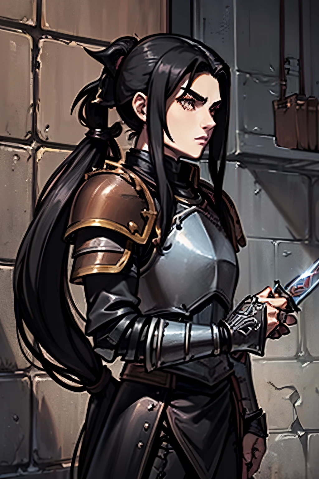 ((((D&D style)))), ((((age human male)))), (((warrior))), normal skin, ((((long black hair with a low ponytail)))), (((brown eyes))), ((((leather armor)))), ((wielding a short sword)), photo-realistic