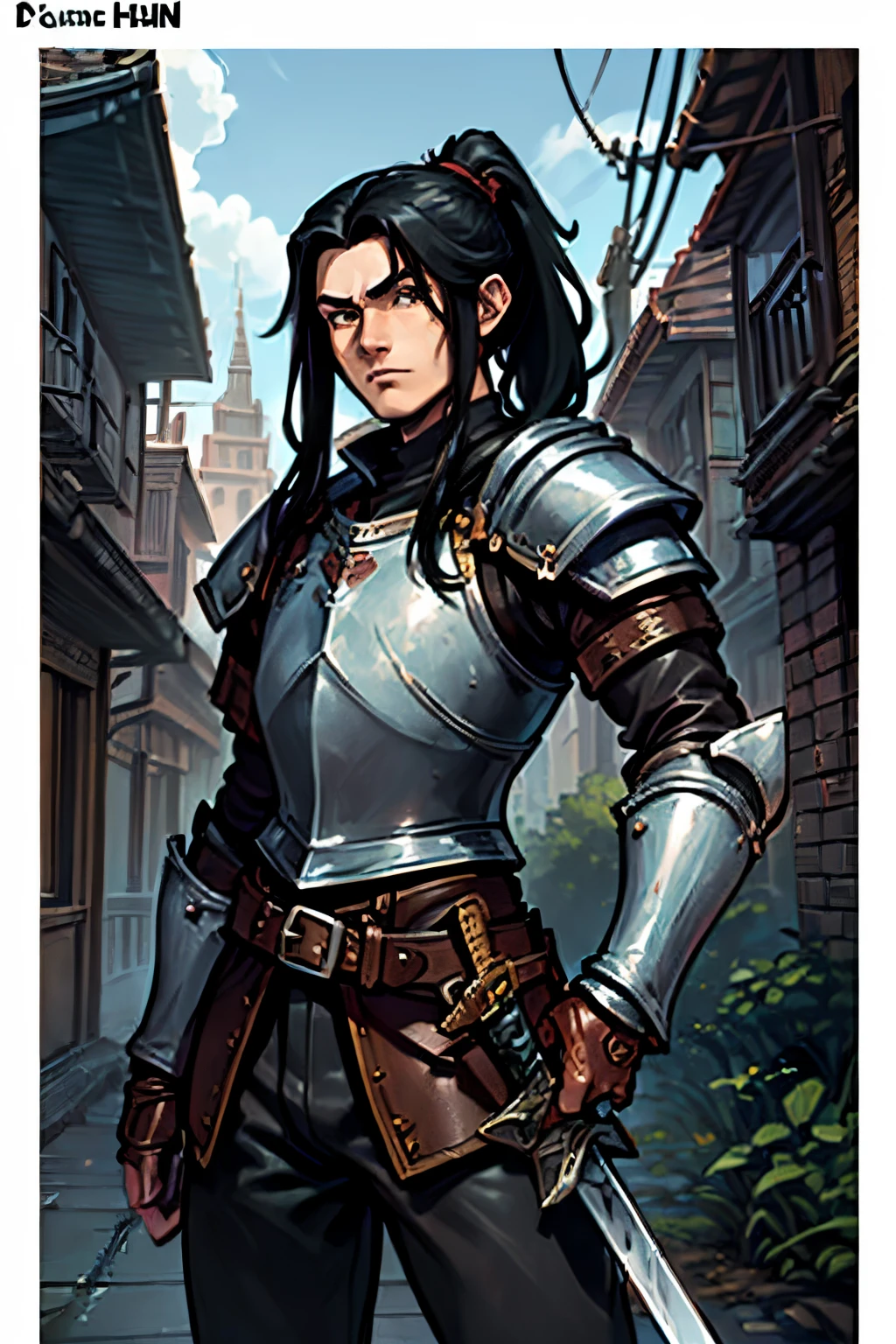 ((((D&D style)))), ((((age human man)))), (((warrior))), normal skin, ((((long black hair with a low ponytail)))), (((brown eyes))), ((((leather armor)))), ((wielding a short sword)), photo-realistic