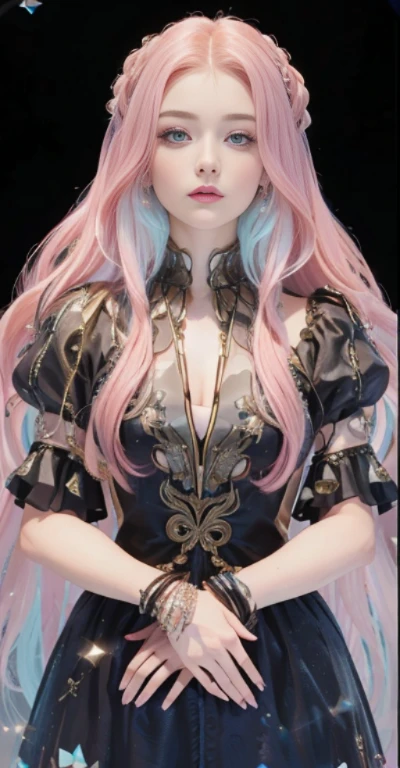tmasterpiece,Highest image quality,A beautiful bust of a noble maiden,Delicate pink hairstyle,Clear pink eyes,Embellished with a dazzling array of intricate jewelry,Super detailed details,upscaled。