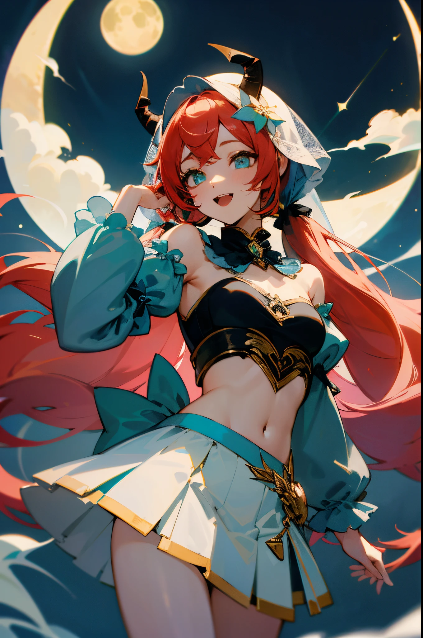 masterpiece, best quality, absurdres, nilou (neither flower nor mist) (genshin impact), aqua eyes, nilou (genshin impact), fake horns, 1girl, solo, red hair, veil, smile, moon, long hair, white blue crop top gold detail, jewelry, black horns with gold detail, night, bracer, brooch, long sleeves, puffy long sleeves, looking at viewer, skirt, bangs, twintails, water, puffy sleeves, sky, neck ring, open mouth, :d, full moon, night sky, flower, harem outfit, gold trim, parted bangs, arm up, breasts, circlet, outdoors, white skirt blue detail, hair ornament, detached sleeves, low twintails, floating hair, gem, hair flower, blue gemstone, hand up, dancer, white headwear, small breasts, stomach, midriff, cowboy shot, blue bow, very long hair
