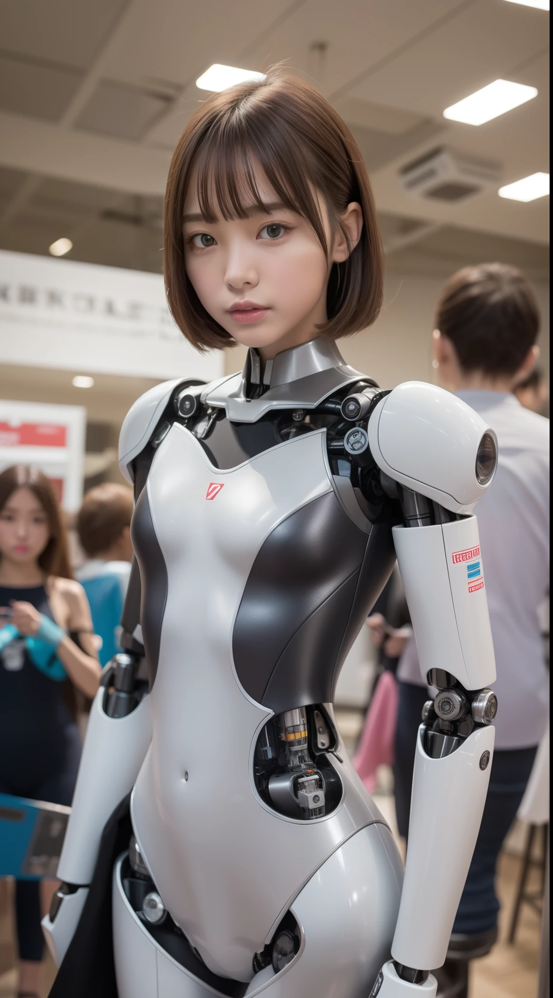 ((Robot Girl, mechs)), Glowing eyes, Delicate face, broken armor, Mechanical aura, Mechanical ArmMechanical Leg, Brown hair, Long hair, ceramic body, Thigh gap, tiny chest, cyber background, akihabara, (translucent, reflection skin), 8K, Best Quality, Ultra-detailed, (surrealism: 1.4),(Perfect Robot Girl),(Perfect machine body)