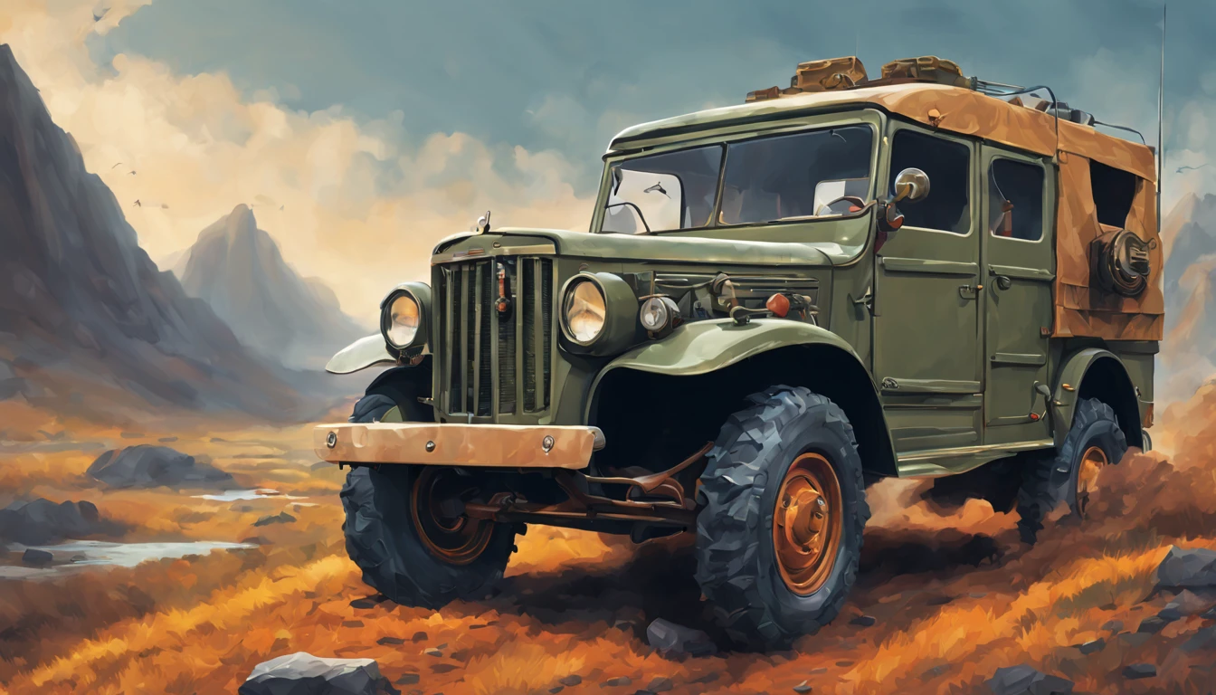 logo t-shirt design, fantasy art,1940 GAZ-69 Russian army vehicle, extreme off-road expedition, perspective view, Hyperrealistic, splash art, concept art, mid shot, intricately detailed, color depth, dramatic, 2/3 face angle, side light, colorful background