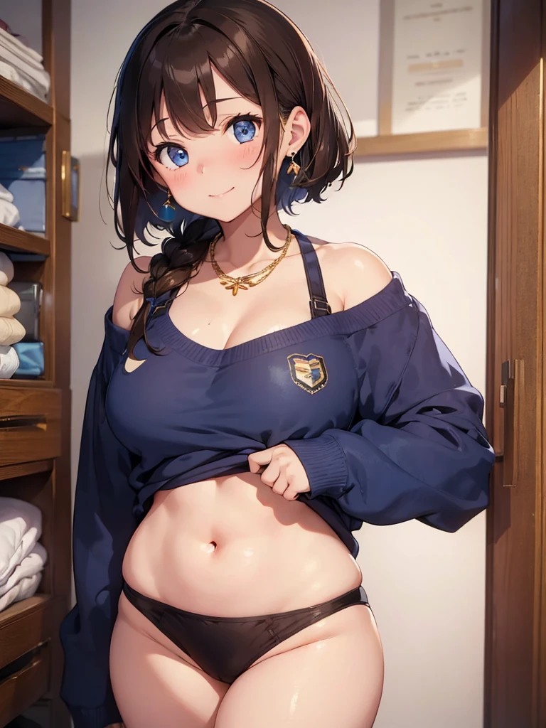 Masterpiece, 1girl, chubby milf with brown hair and deep shiny blue eyes that are attractive, wearing a sweatshirt and bikini bottoms that show her thick thighs, medium sized boobs, 4K quality, ultra detailed, cute face, gentle smile, blush, Short Hair mixups, earrings, gold necklaces, bedroom background.